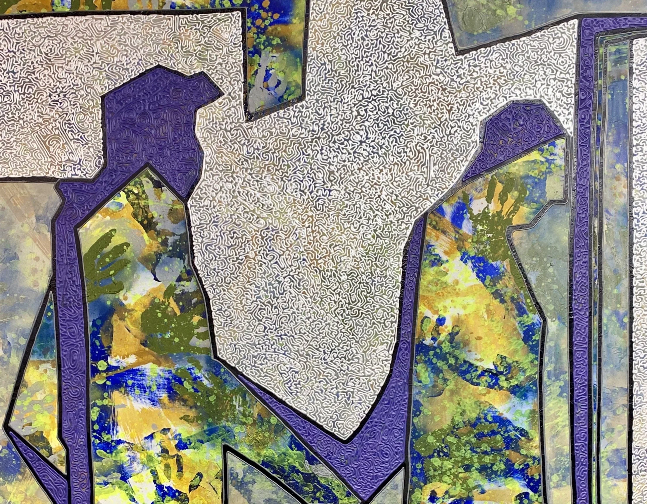 Detail of Silver from Nine by Iryna Sushelnytska: two angular figures with purple profiles against a silver relief surface.