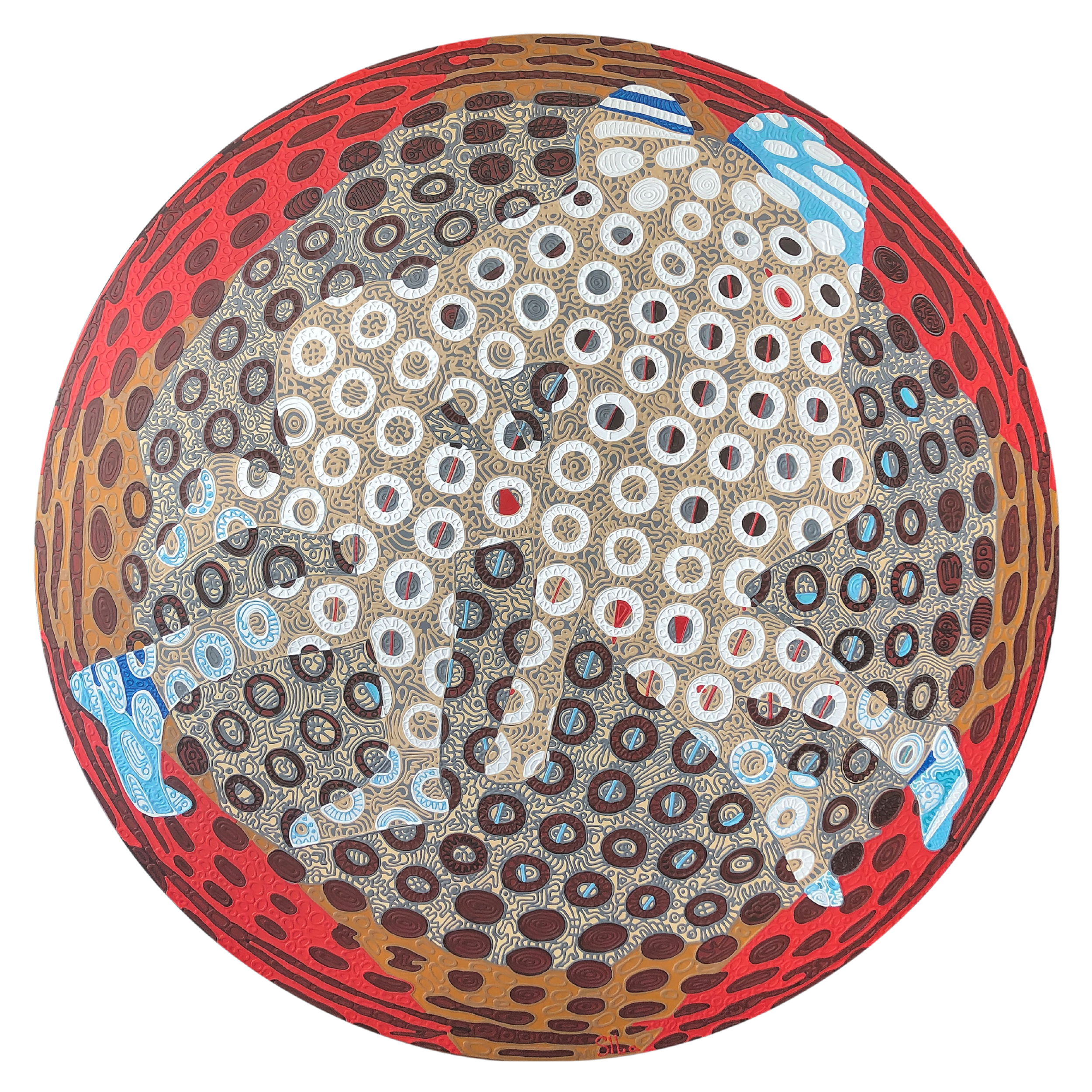 Moirai by Iryna Sushelnytska, a large circular painting structured through repeated ring-like forms, dense linear rhythms, and red, ochre, white, blue, and grey tones. Signed: Iryna Sushelnytska (SILa monogram).