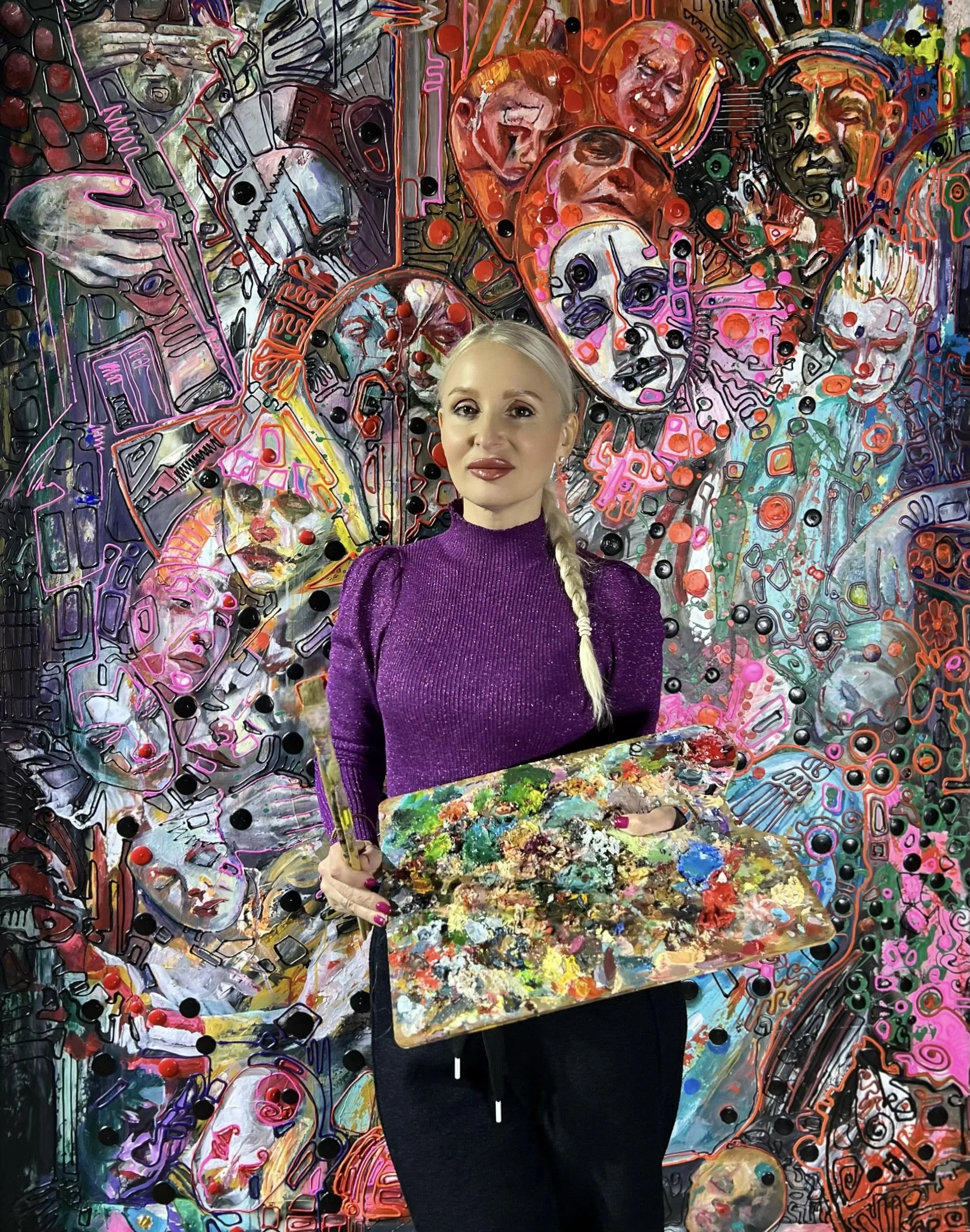 C.S/23 Iryna Sushelnytska, Show Must Go On, C.S/23, large-scale multi-figure composition with fragmented faces, overlapping imagery, and an intense layered chromatic field, oil and acrylic on canvas, 2023.