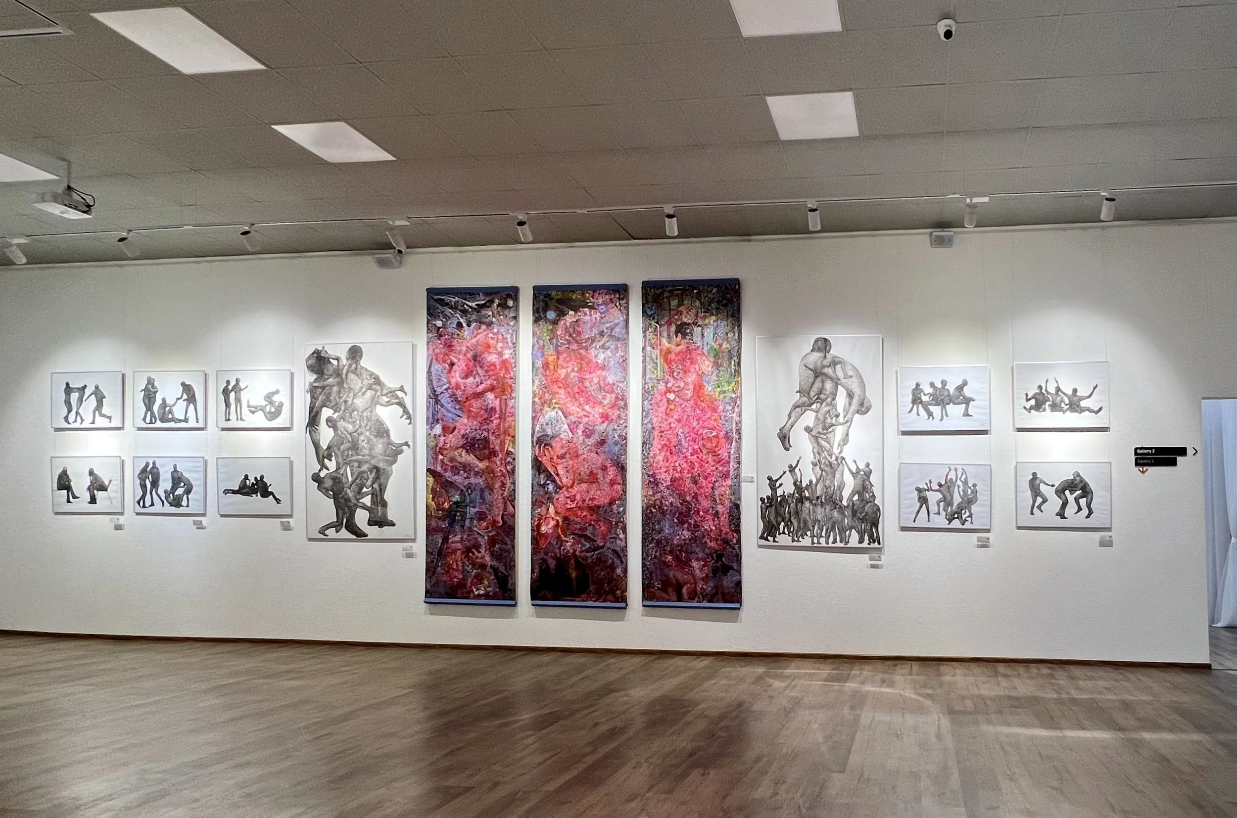 Exhibition view showing the spatial and curatorial relationship between works by Contemporary artist Iryna Sushelnytska.