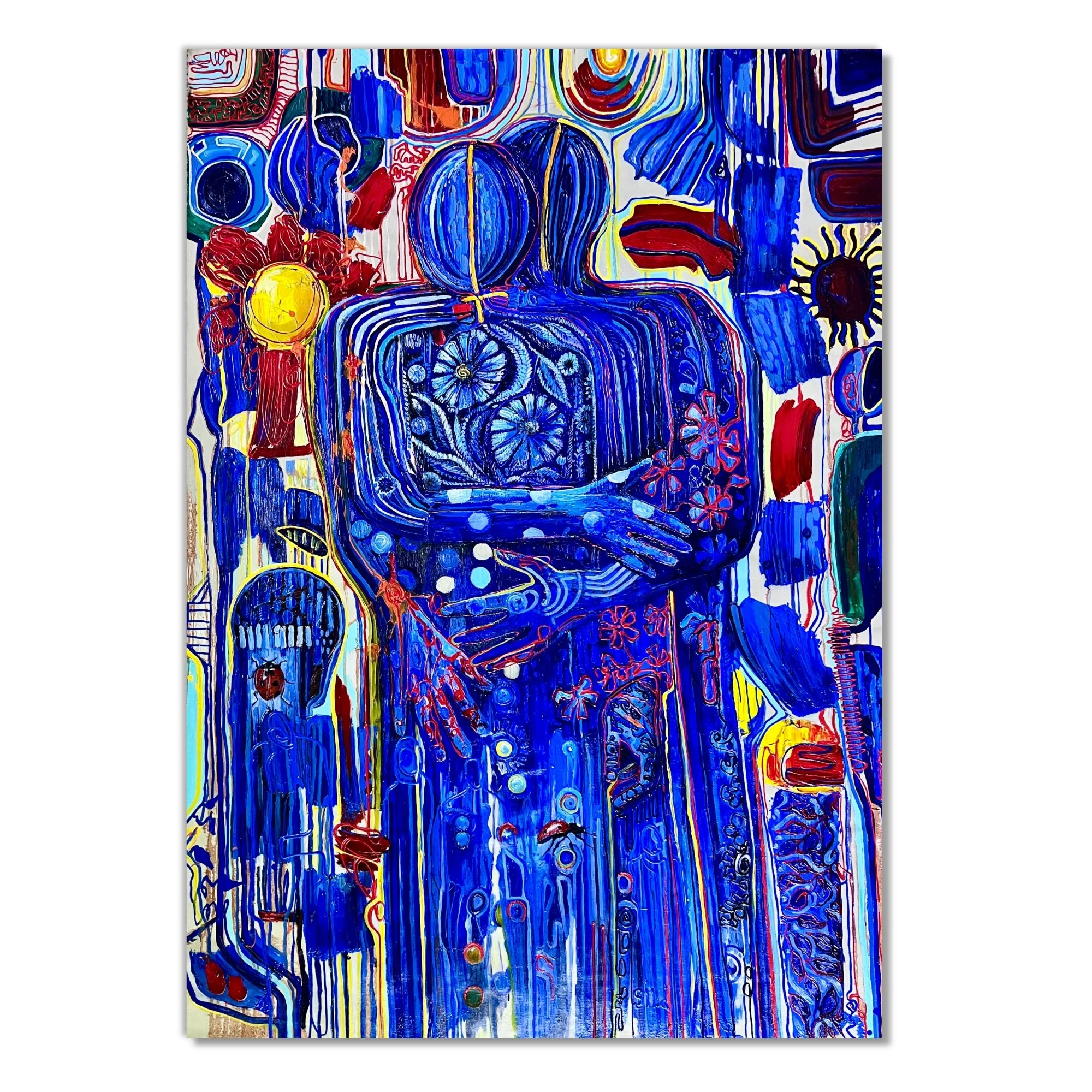 Rhythms of Unity (2024), an oil and acrylic painting on canvas by Iryna Sushelnytska, depicting two intertwined blue figures within a dense symbolic field.