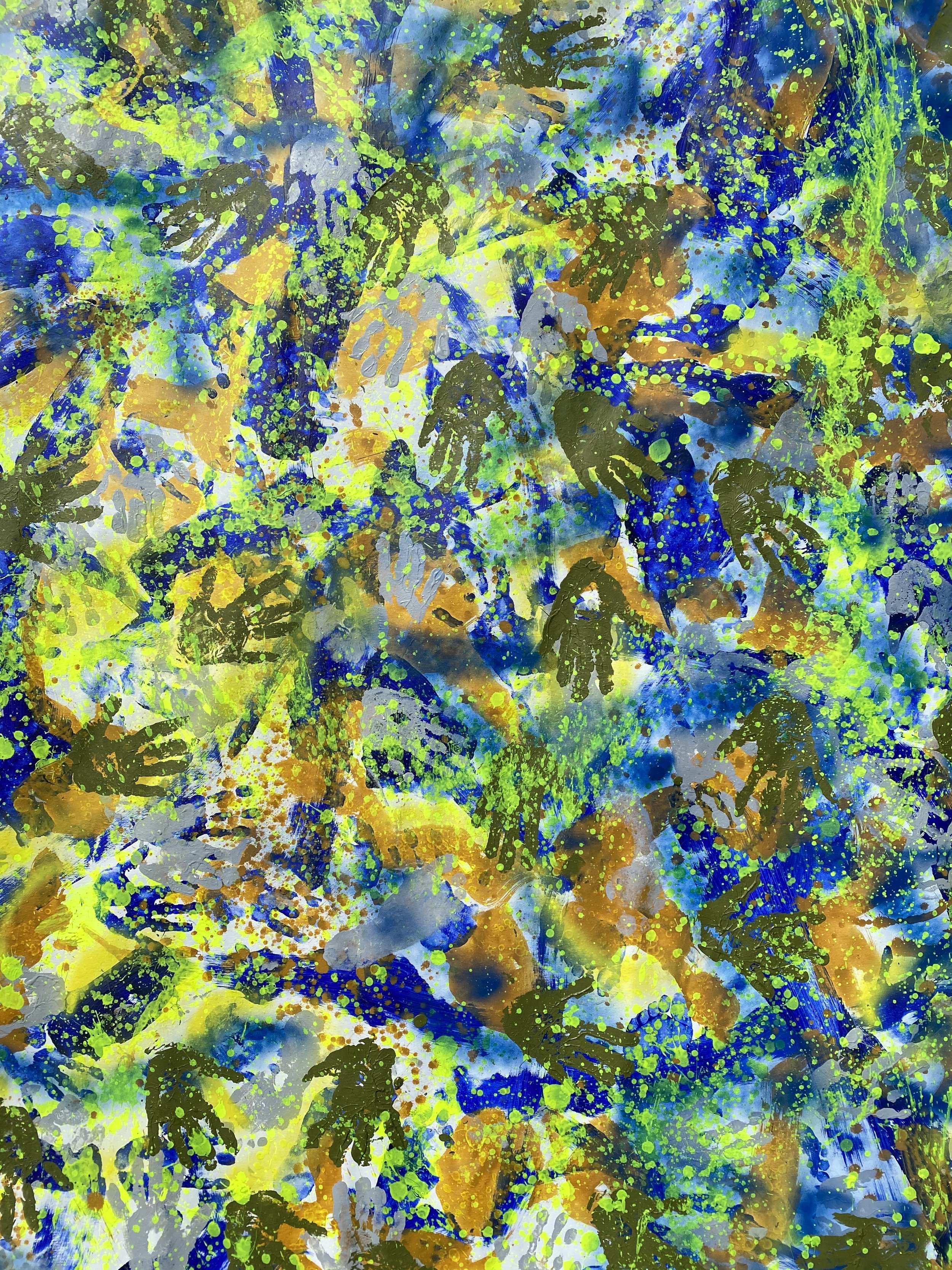 Detail of the painted field in Nine by Iryna Sushelnytska, with overlapping blue, yellow and green marks and splashes.