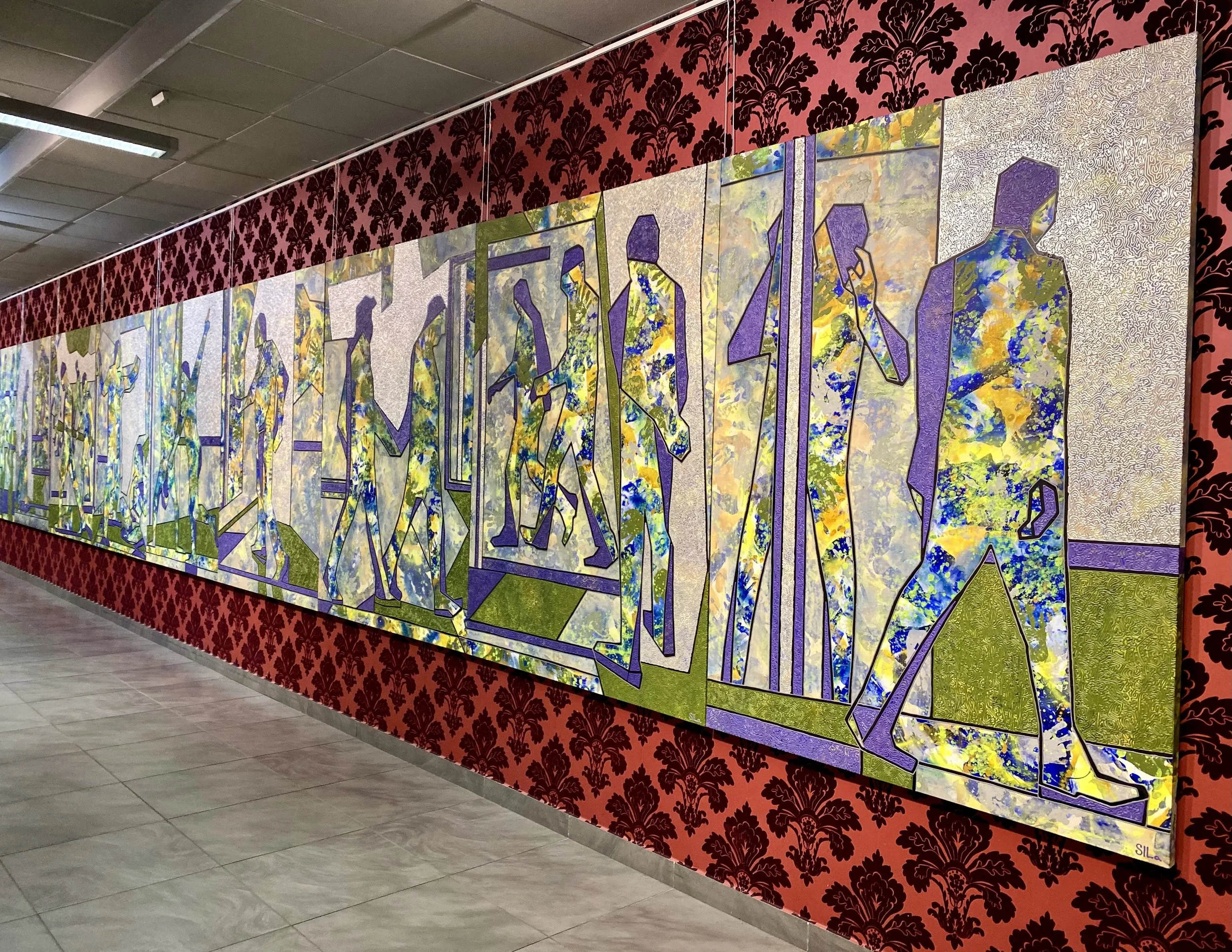 Oblique view of Nine | Human Structure by Iryna Sushelnytska installed along a gallery wall at Sady Pobedy, Odesa, in 2021