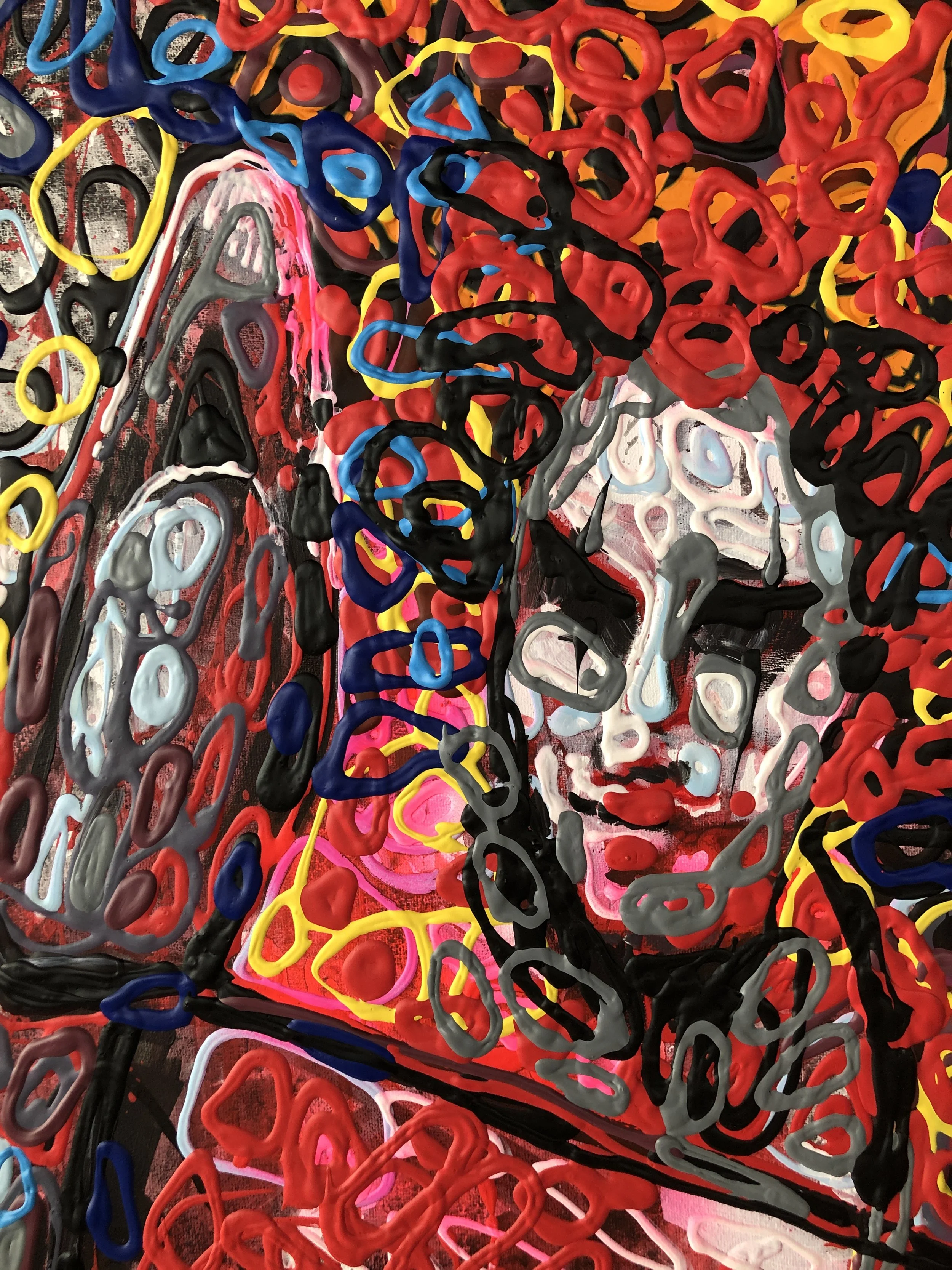 Detail of Leda, 2019 — close-up of the female face with fragmented features embedded in a dense, textured field of layered red, black, and yellow forms. Signed: Iryna Sushelnytska | SILa