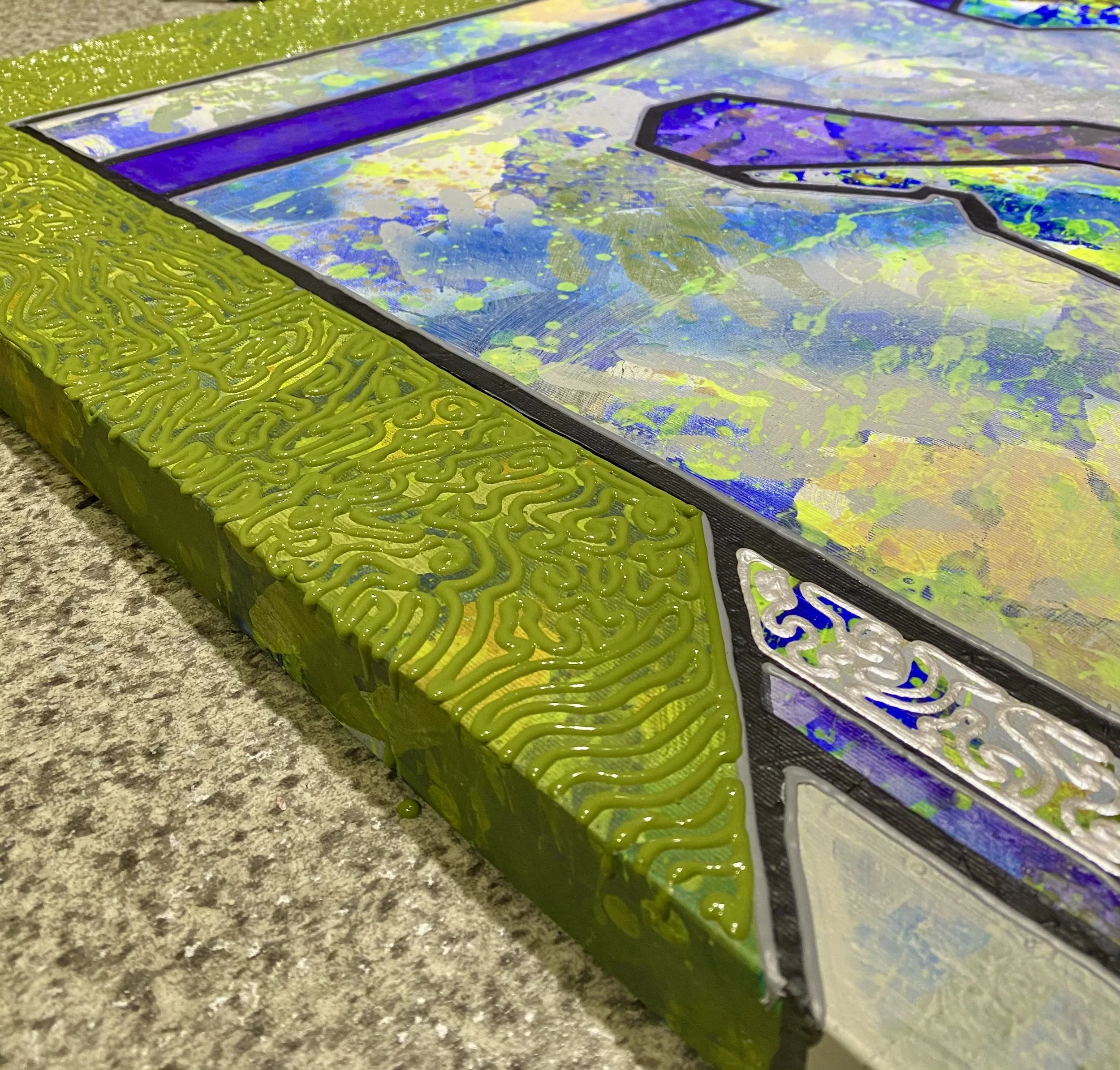 Close-up of Nine by Iryna Sushelnytska showing raised green acrylic lines beside purple boundaries and a pale painted area.