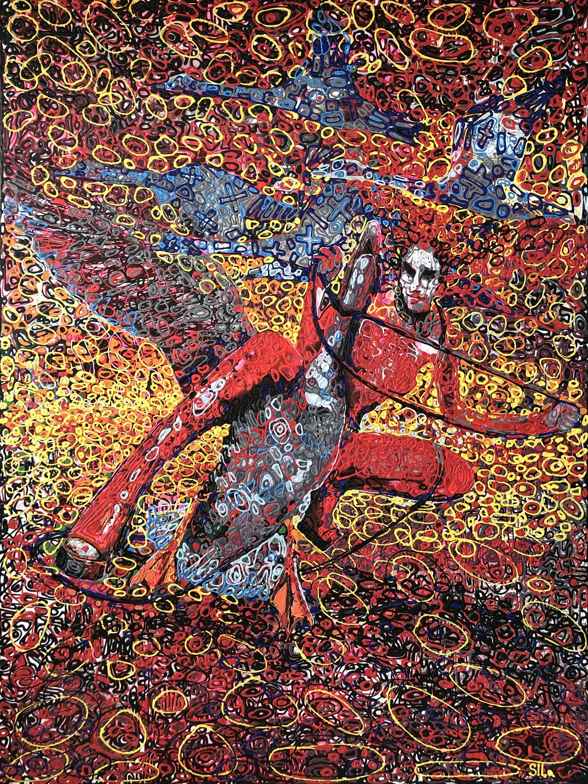 Leda, 2019 — large-scale acrylic painting depicting a monumental female figure controlling a hybrid swan-like form within a dense, high-relief field of red, yellow, black, and blue. Signed: Iryna Sushelnytska (SILa monogram)