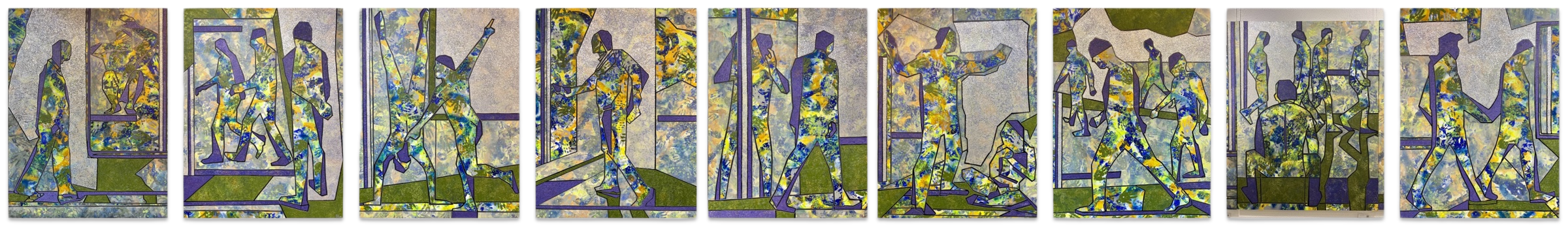 All nine panels of Nine | Human Structure by Iryna Sushelnytska shown in a horizontal sequence, with angular figures and silver, blue and yellow surfaces.
