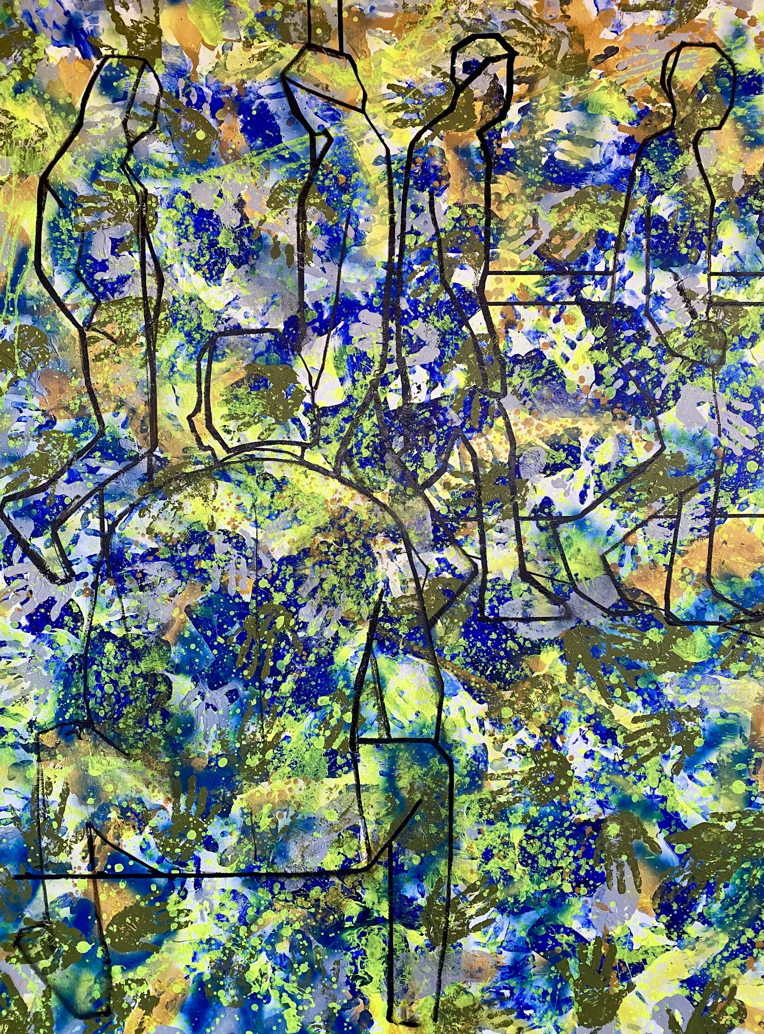 Studio-stage detail of Nine by Iryna Sushelnytska, with dark figure contours drawn over a dense blue, yellow and green painted field.