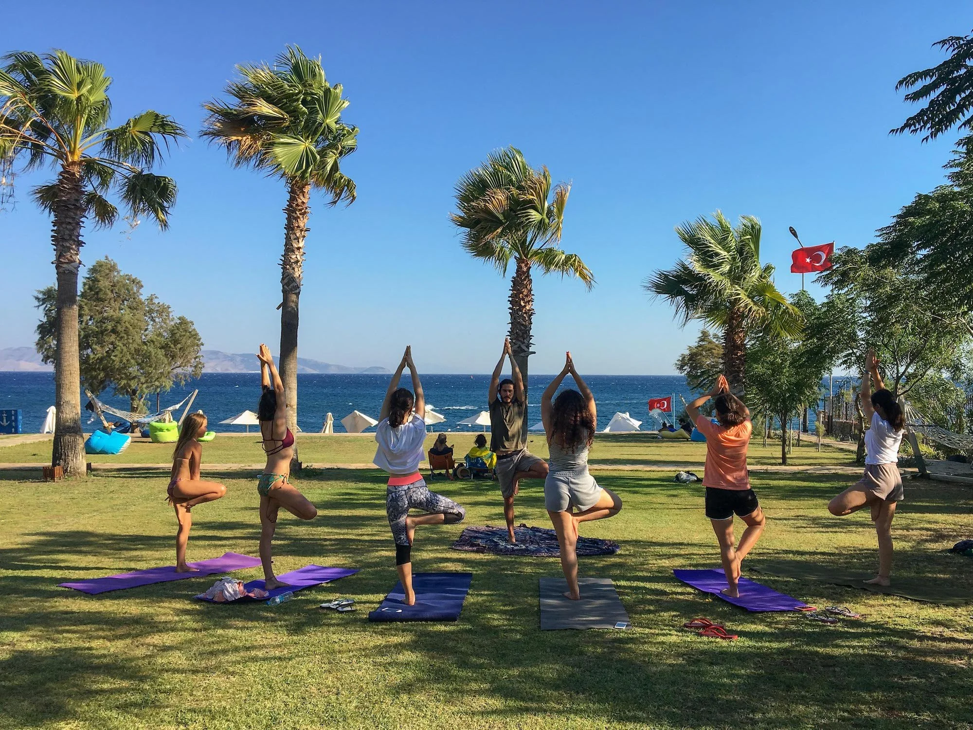 People practicing yoga outdoors near the ocean on a sunny day, with palm trees and a Turkish flag in the background.