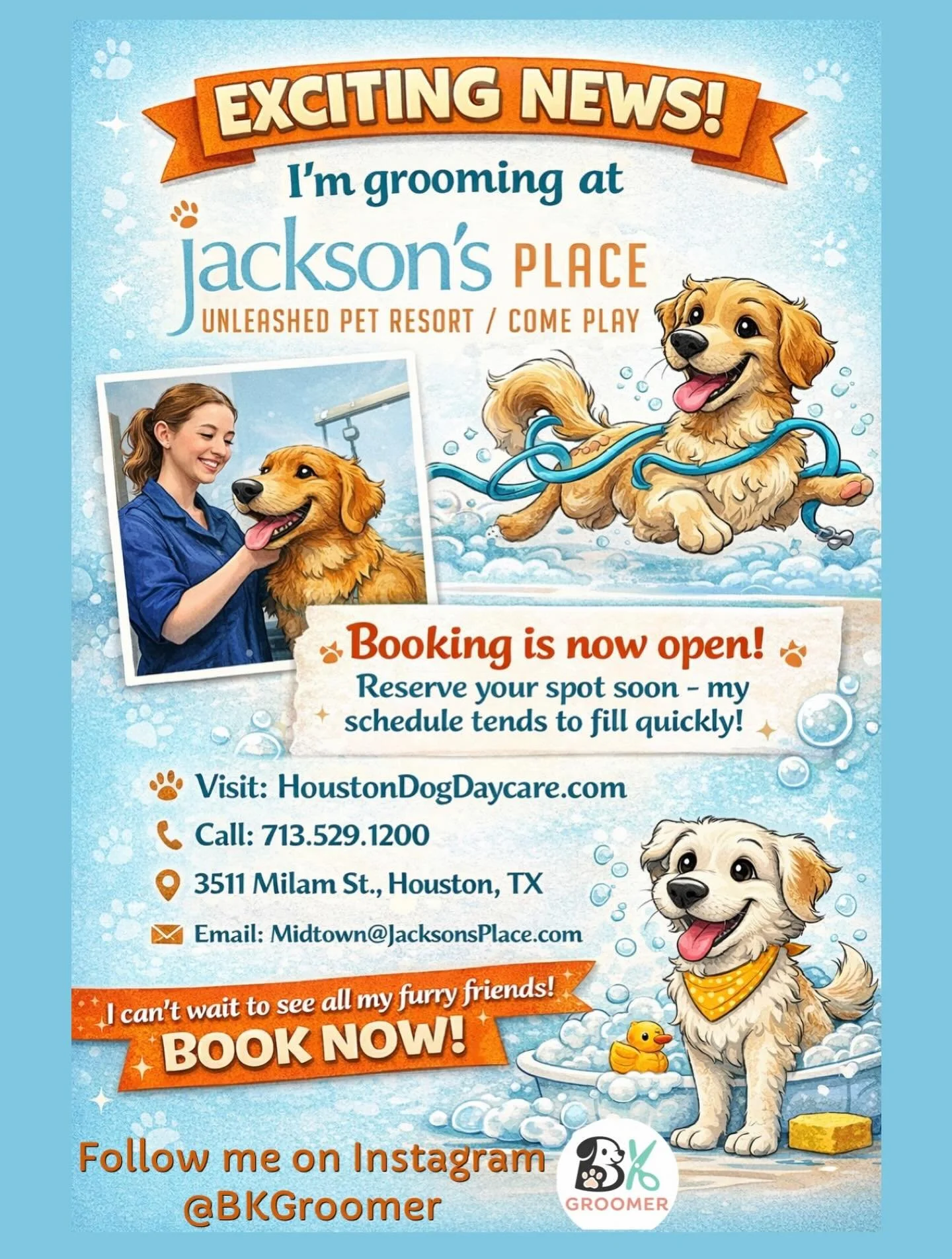 ✨ Exciting news! ✨

I&rsquo;m now grooming at Jackson&rsquo;s Place Midtown and I couldn&rsquo;t be more excited! 🐶✂️

Booking is now open, so if your pup is ready for a fresh haircut, a bubbly bath, or a little spa day&hellip; I&rsquo;d love to see