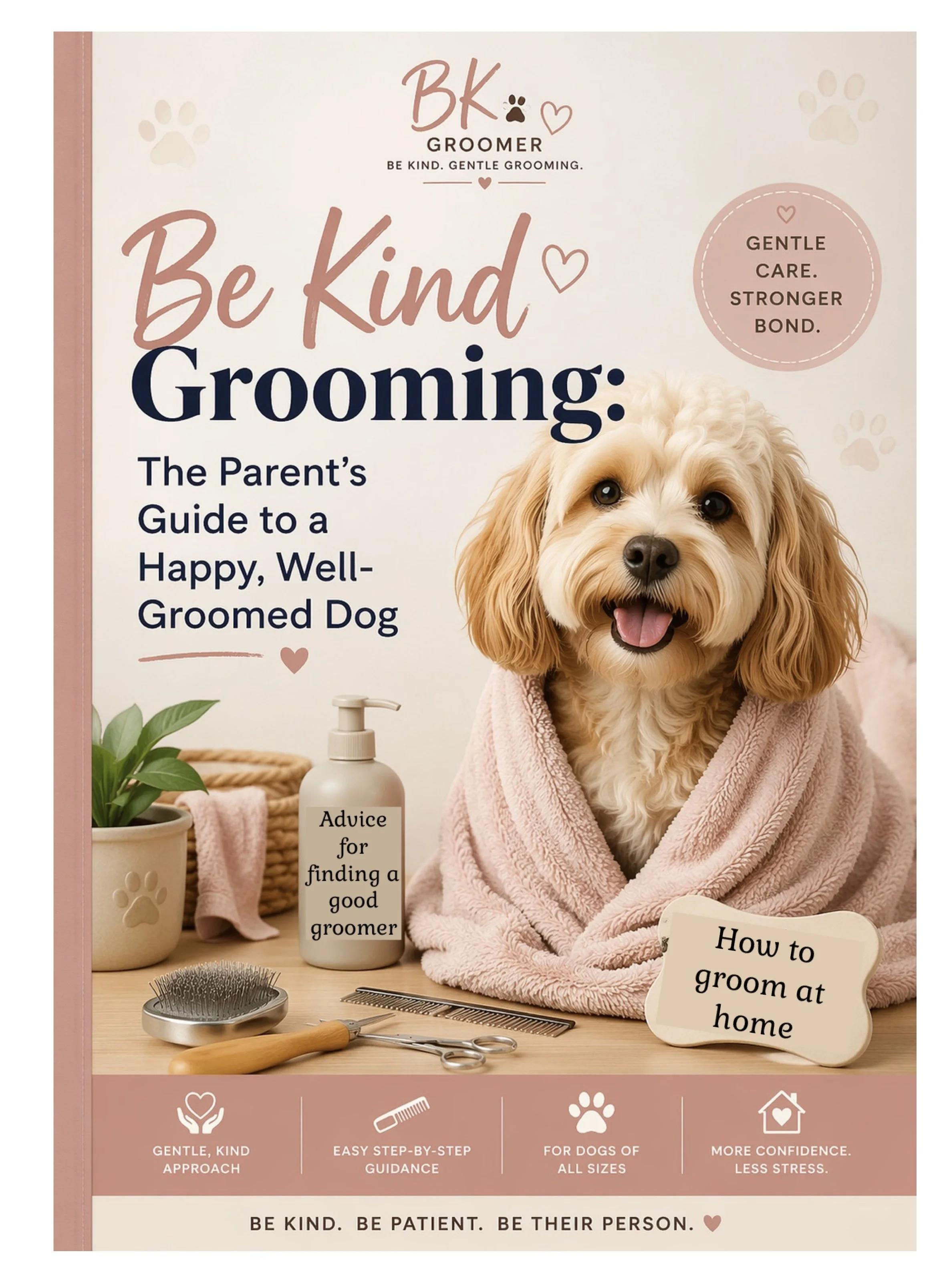 Cover of a book titled 'Be Kind Grooming: The Parent's Guide to a Happy, Well-Groomed Dog'. The cover features a smiling, groomed dog wrapped in a pink towel, sitting at a grooming table with grooming tools, a plant, and a soap dispenser nearby.