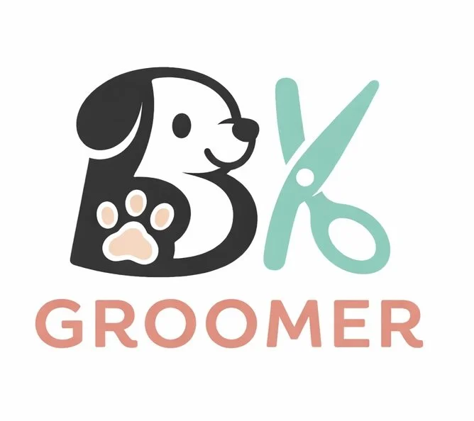 Logo for a pet grooming service featuring a stylized dog and scissors with the words 'Dog Groomer'.