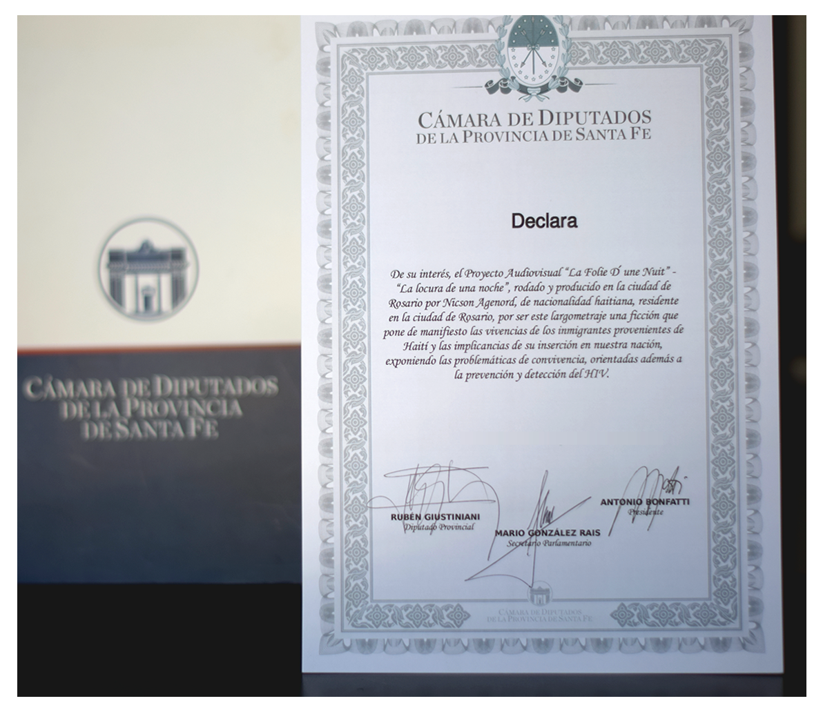 Recognition attributed to Nicson Agenord AKA Brother Nick form the Chamber of Deputies of Santa Fe Province, Argentina.