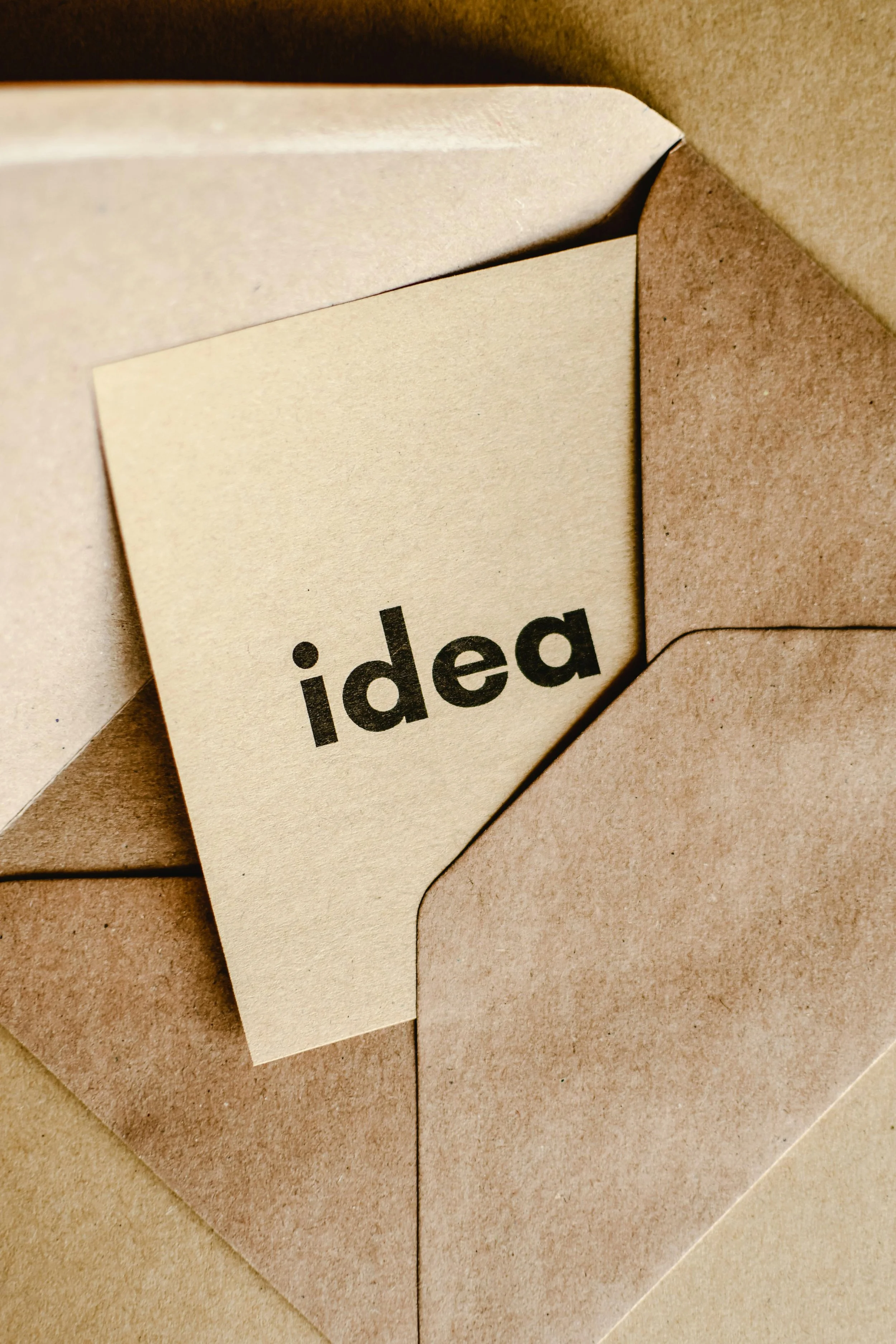 A close-up of a corner of a brown envelope with a note inside that says 'idea' in bold black letters.