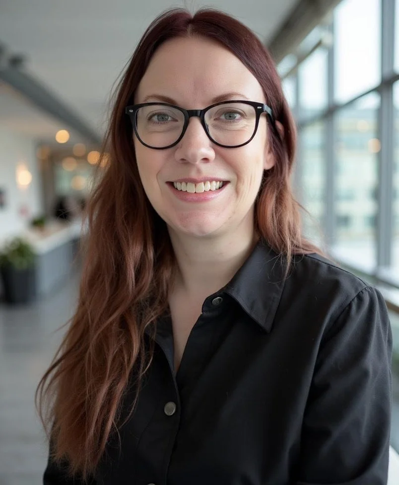 A woman with long red hair, glasses, and a black shirt smiling indoors near large windows.