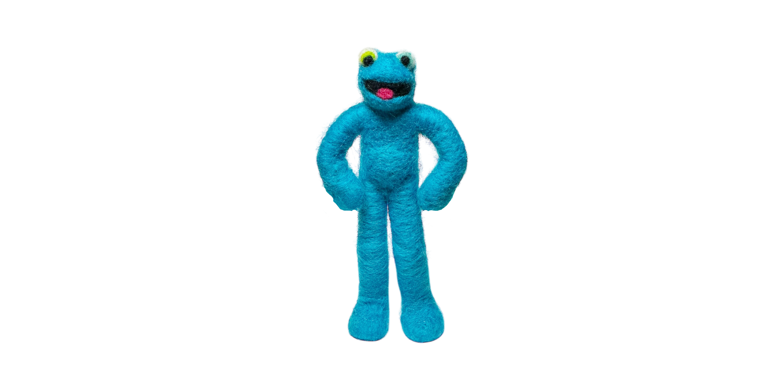 Blue sock puppet with large eyes and a pink tongue, standing with hands on hips against a black background.