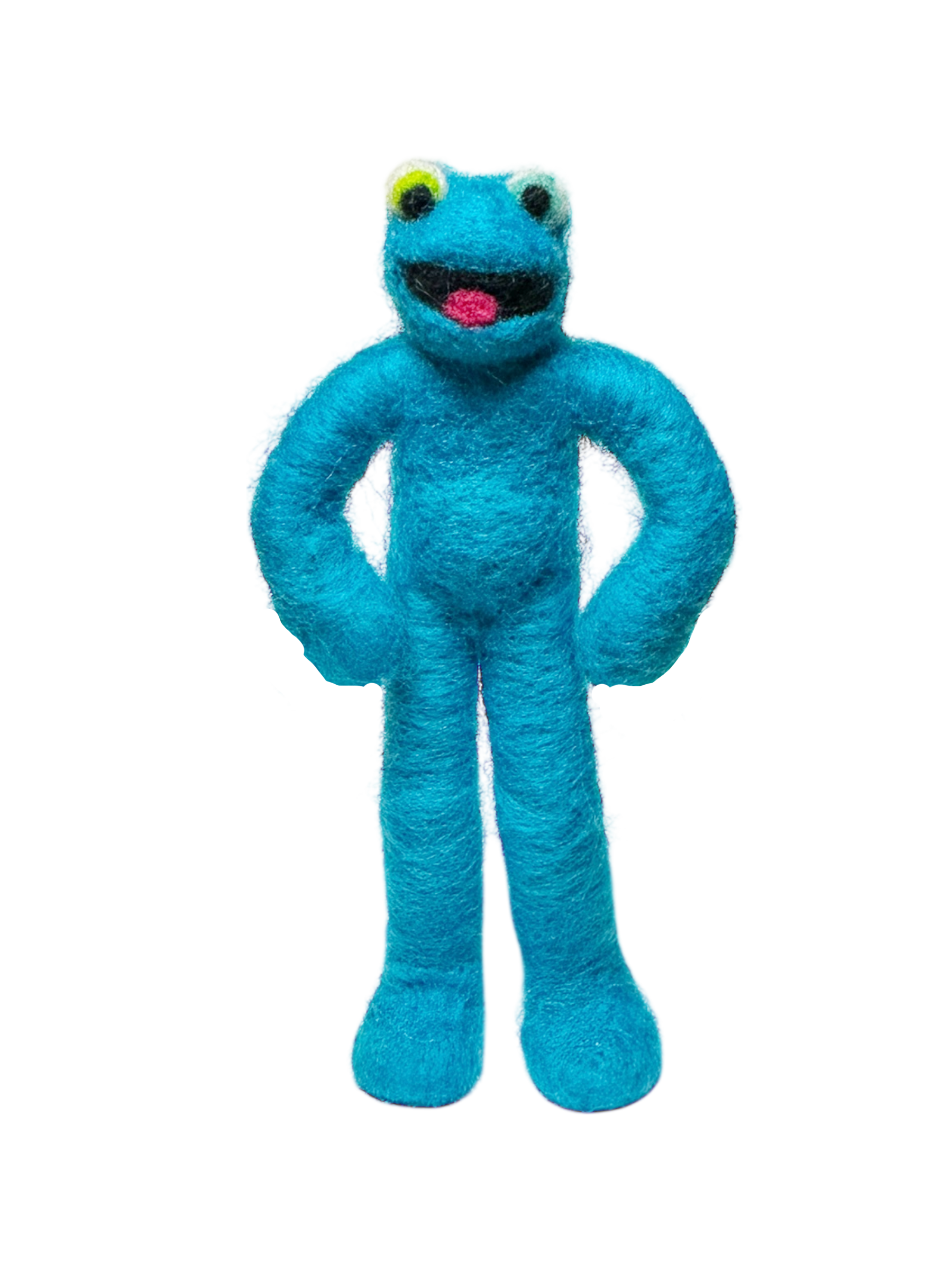 Fozzie Bear mascot costume with a big smile, yellow eyes, and a blue fuzzy body standing with hands on hips.