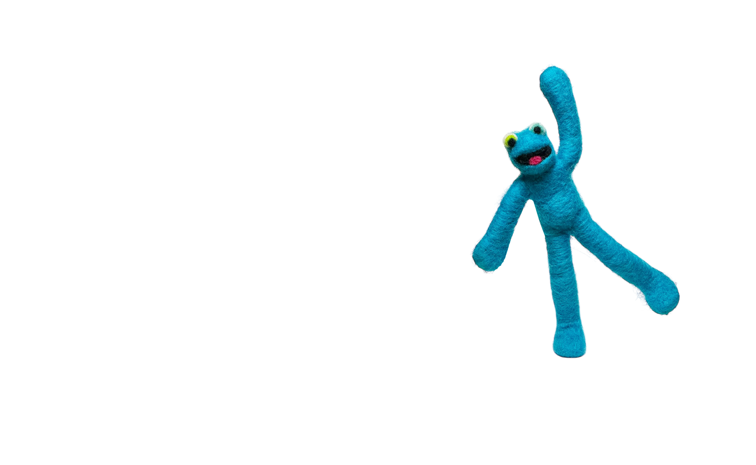 Blue plush sock puppet with googly eyes and a wide open mouth waving.