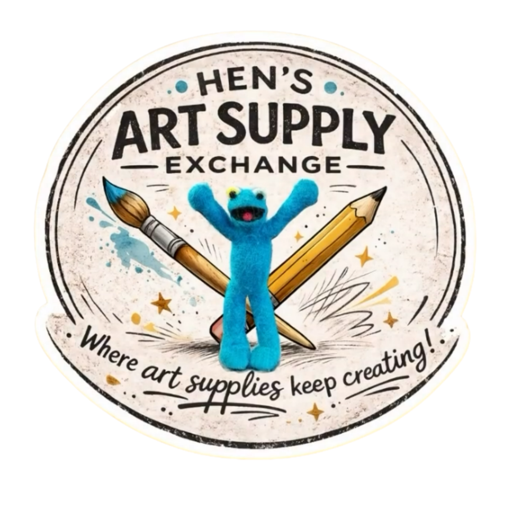 A colorful logo for HEN'S ART SUPPLY EXCHANGE featuring a blue puppet character holding a paintbrush and pencil with a cheerful expression, surrounded by artistic elements and the tagline 'Where art supplies keep creating!'