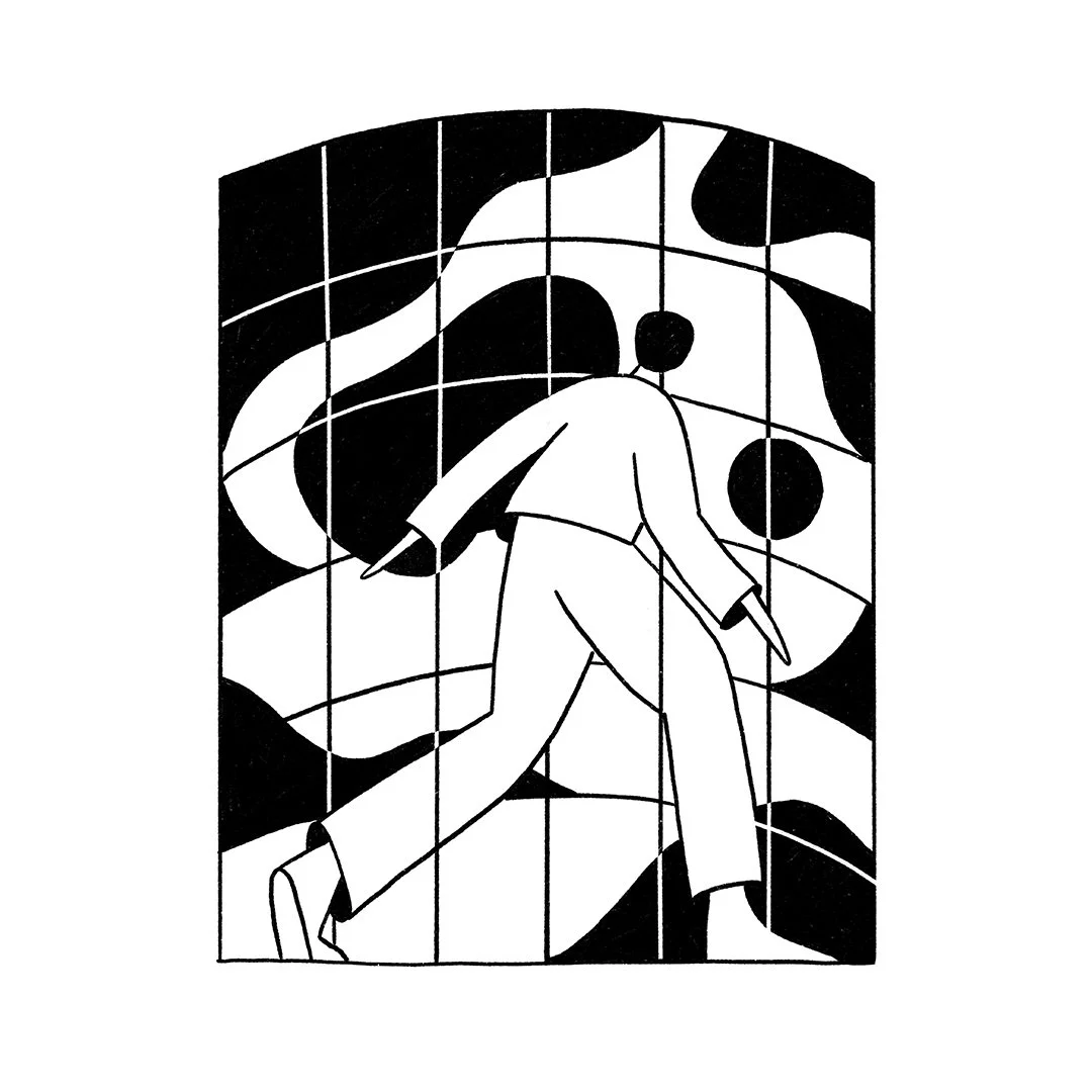 Composition linéaire en noir et blanc de Timo Kuilder représentant des silhouettes entremêlées.
