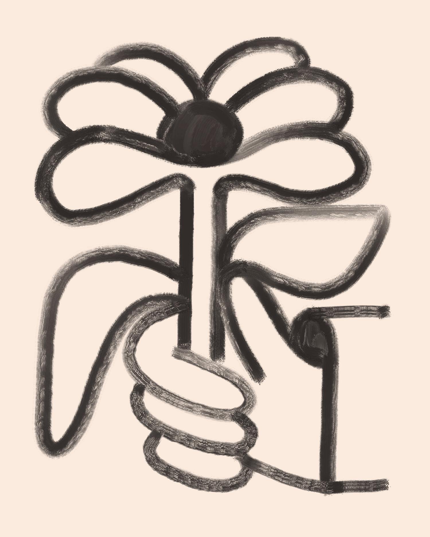 Fleur stylisée dessinée d’un trait noir épais sur un fond crème par Timo Kuilder.