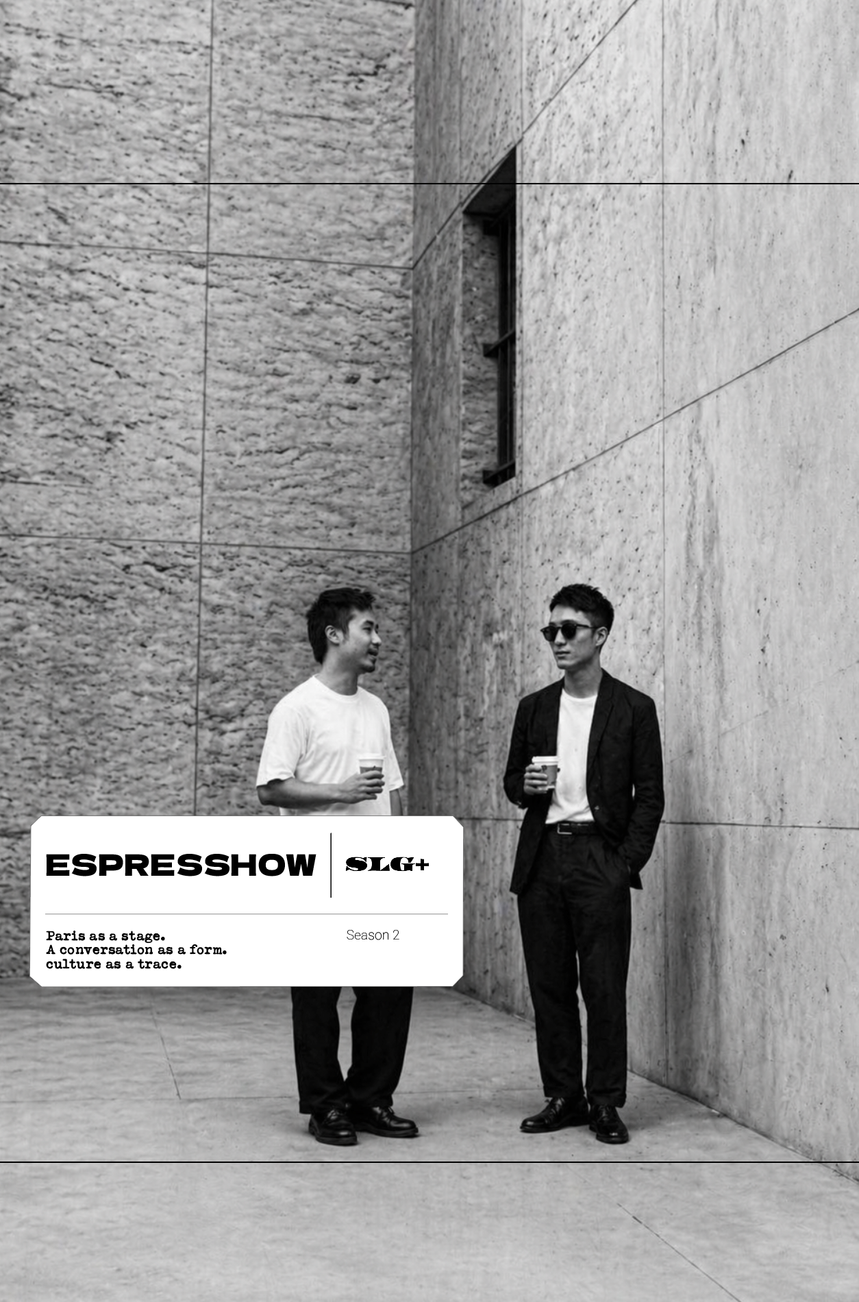 image de deux garçons asiatique en conversation avec un café dans les mains et l'annonce de la saison 2 du Talk Show de Salut les Garçons : Espresshow