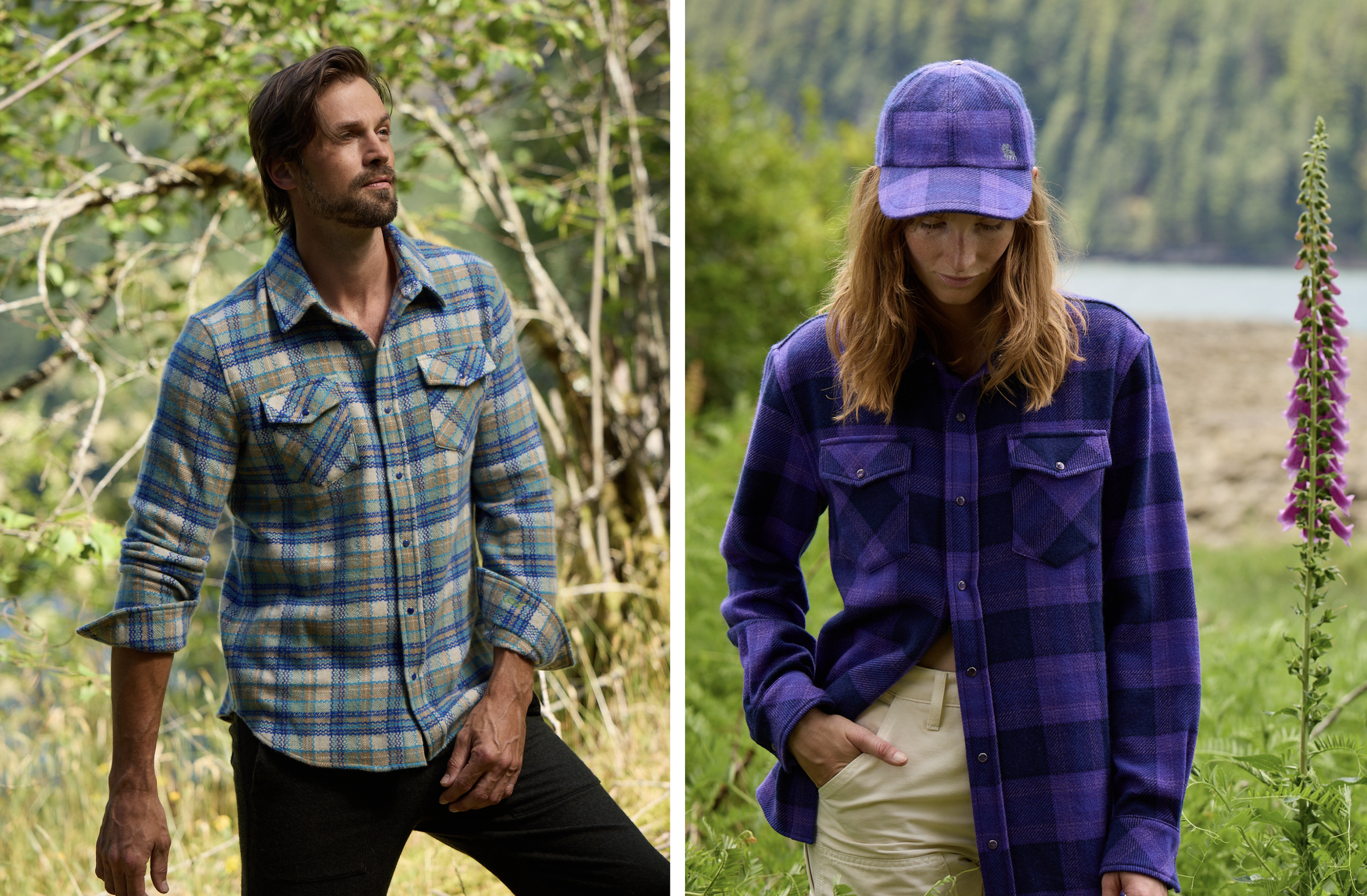 2. Silhouettes God’s True Cashmere en chemises à carreaux dans un paysage naturel au bord de l’eau.