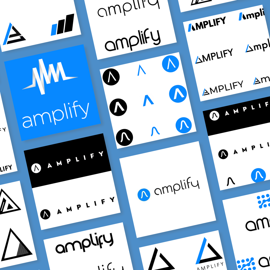 Collage of various logos and branding images for 'amplify' in different styles and colors.