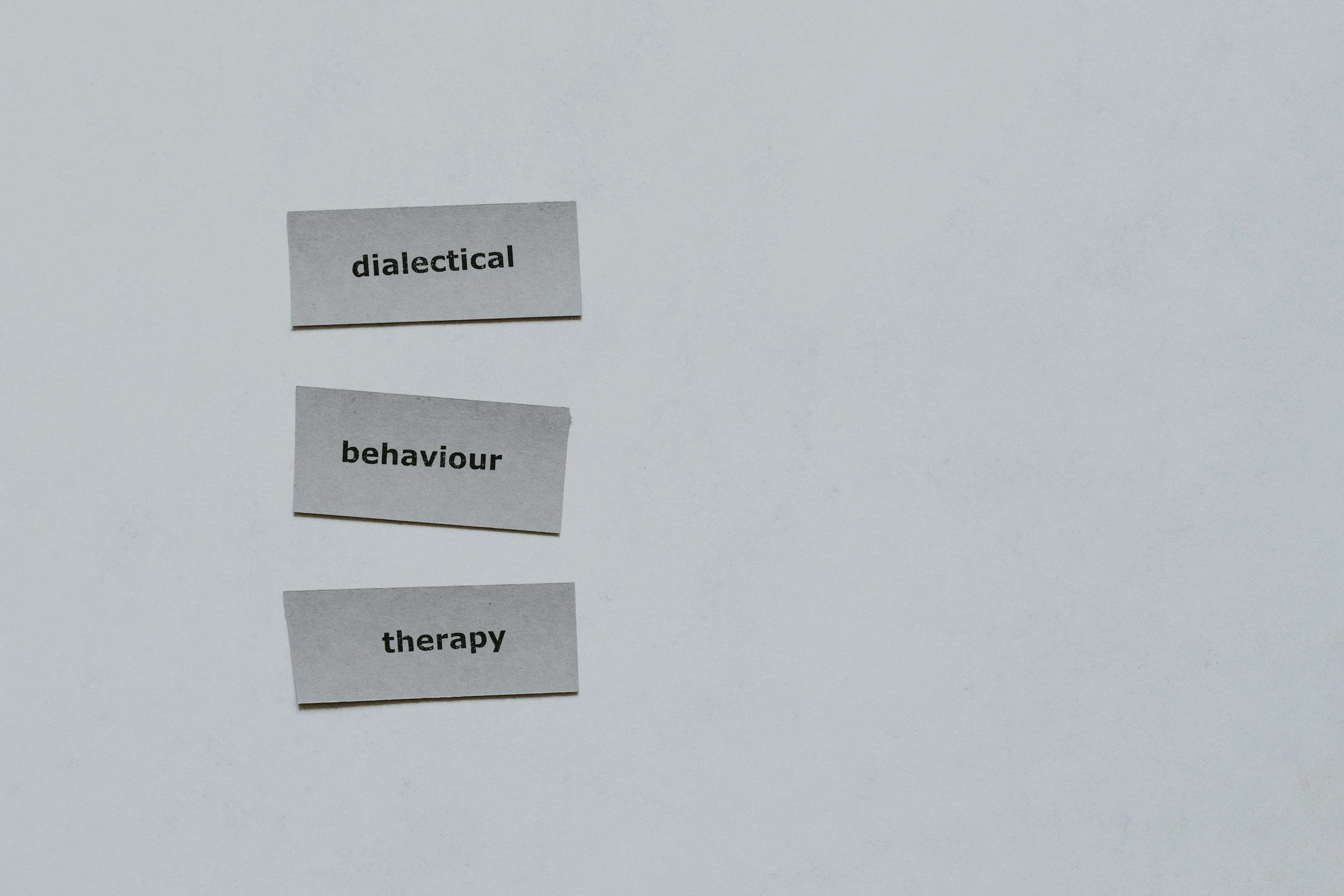 Three torn pieces of paper with the words 'dialectical', 'behaviour', and 'therapy' written on them, arranged vertically on a light gray background.