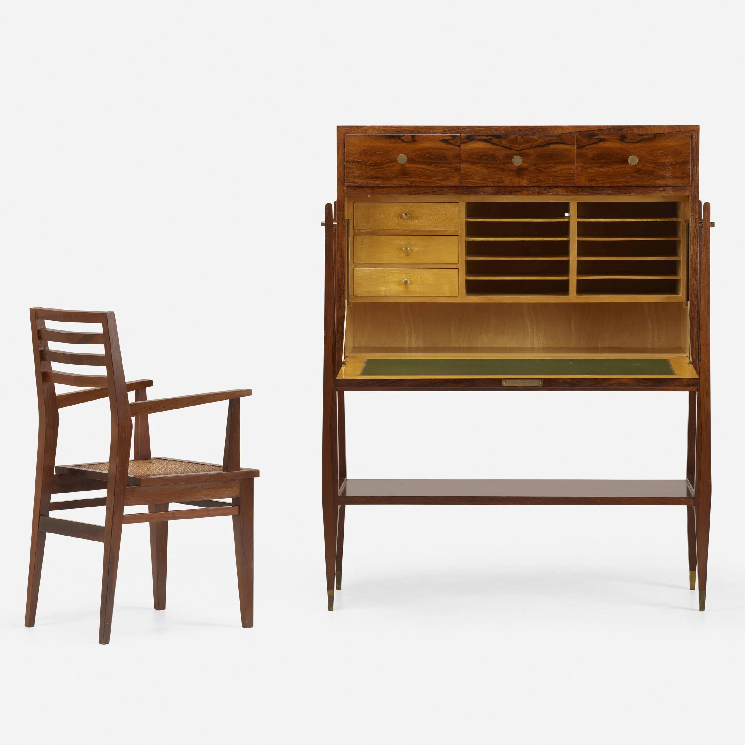 A mid-century wooden secretary desk with multiple drawers and open compartments, and a matching wooden chair with a slatted backrest, set against a plain white background.