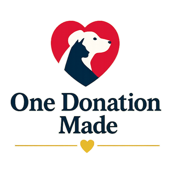 Logo featuring a heart shape with a dog and a cat silhouette inside it, and the text 'One Donation Made' below.