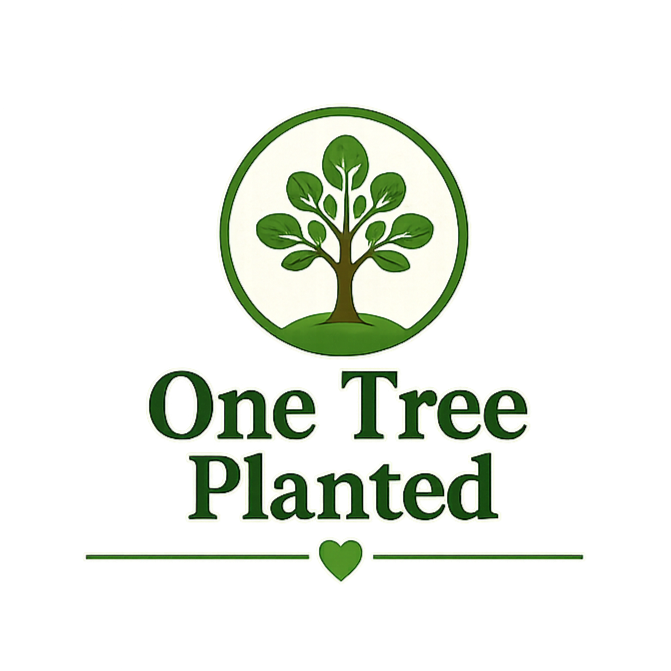 A logo featuring a green tree with multiple branches and leaves inside a circular border, with the text "One Tree Planted" below and a small heart icon underneath.