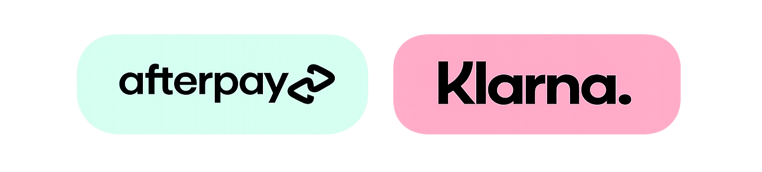 Logo showing the words "afterpay" in black font inside a light green rounded rectangle with an arrow symbol, and "Klarna" in black font inside a pink rounded rectangle, connected by an arrow.