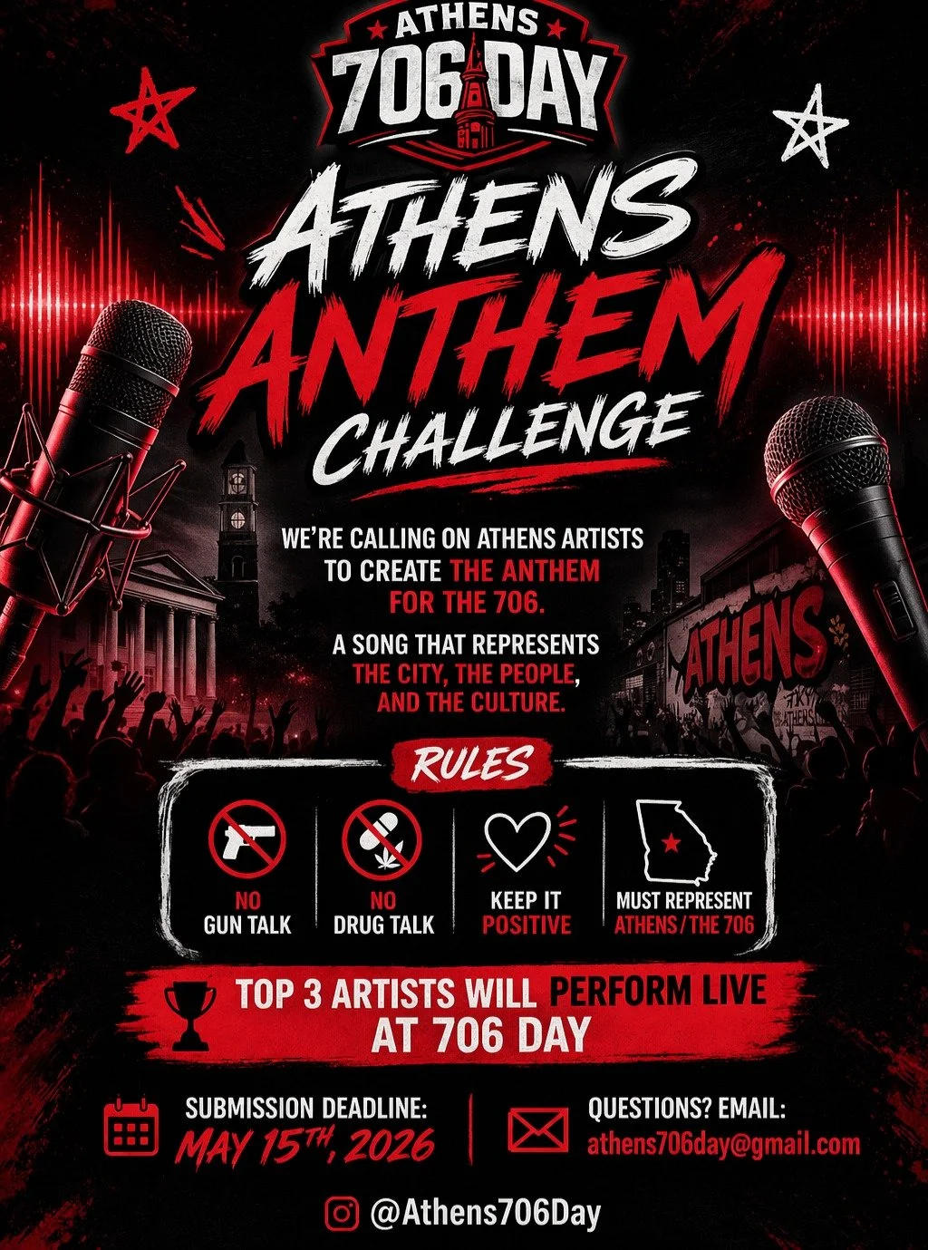 Calling on all Athens, GA artists !!!!! We need an anthem!!! We&rsquo;re looking for a song that represents our city. NO GUN TALK, NO DRUG TALK, only positive vibes. Submission deadline May 15th. Tag your fav artist and tell them to get in the booth!