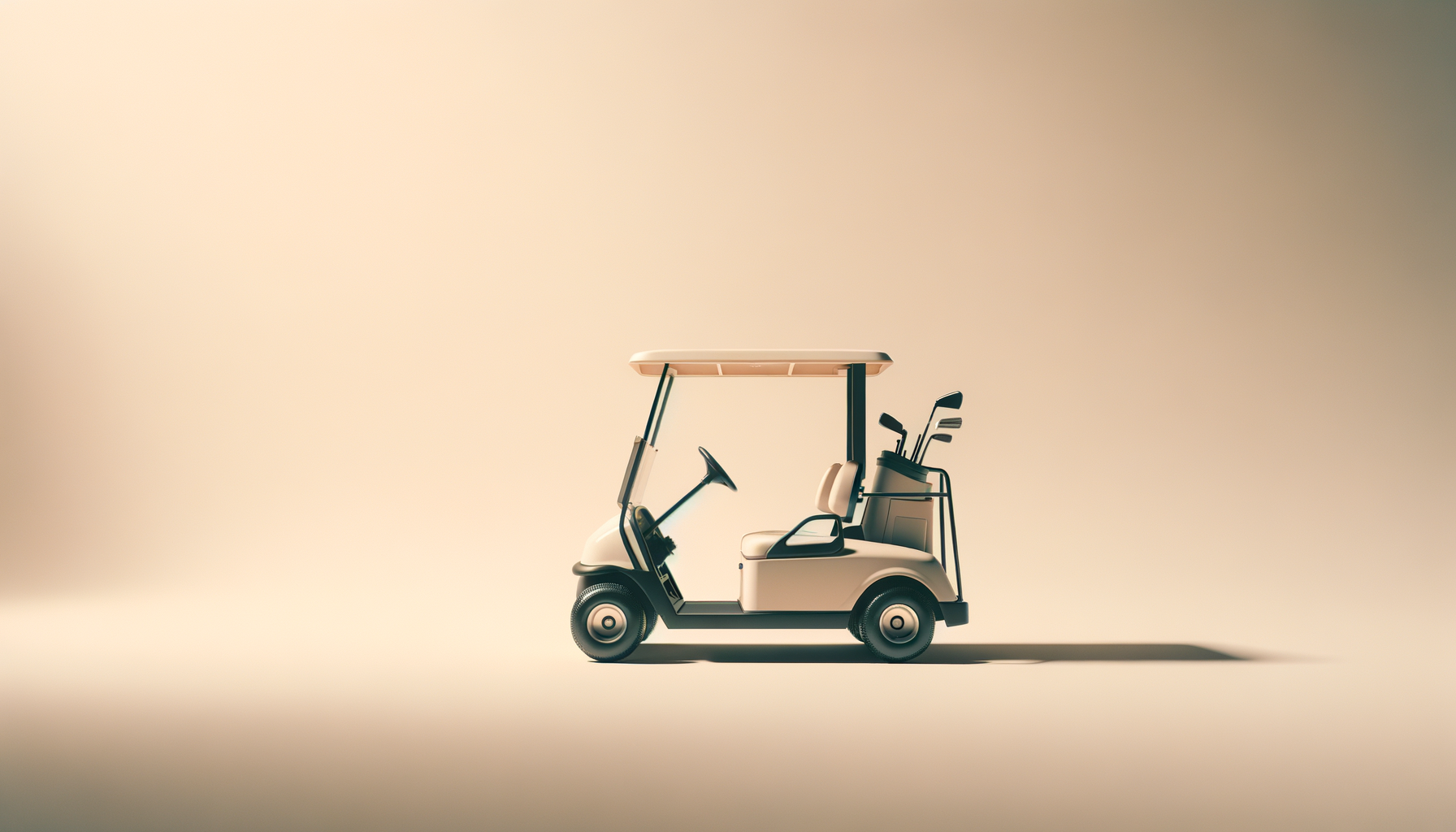 A beige golf cart with a roof, set against a plain background, with golf clubs in the back.