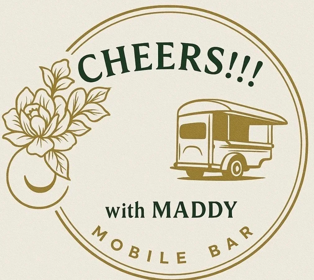 Makeup logo reading 'Cheers!! with Maddy Mobile Bar' featuring a floral design, a moon, and an illustrated mobile bar trailer.