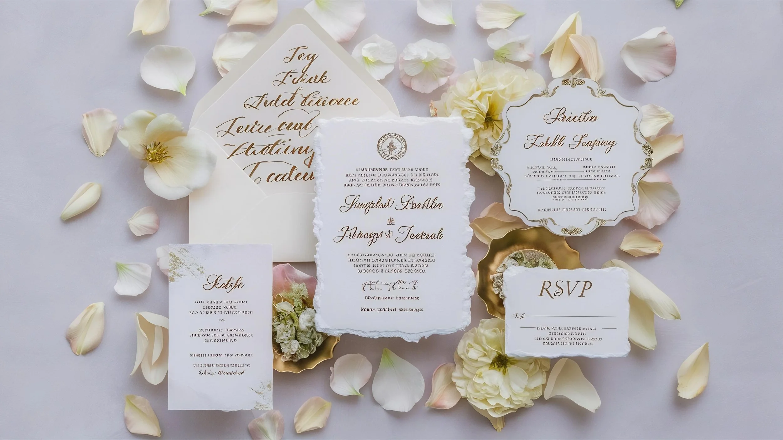 Collection of wedding invitation cards surrounded by white and light pink flower petals on a white background.