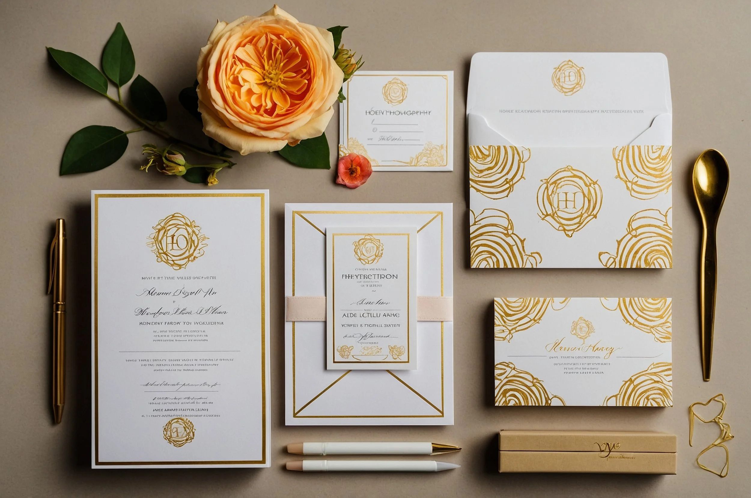 Wedding invitation suite with gold accents, including invitations, RSVP card, envelope, and thank you card, arranged with a peach-colored rose, green leaves, and gold-colored pen, spoon, and ring box on a beige background.