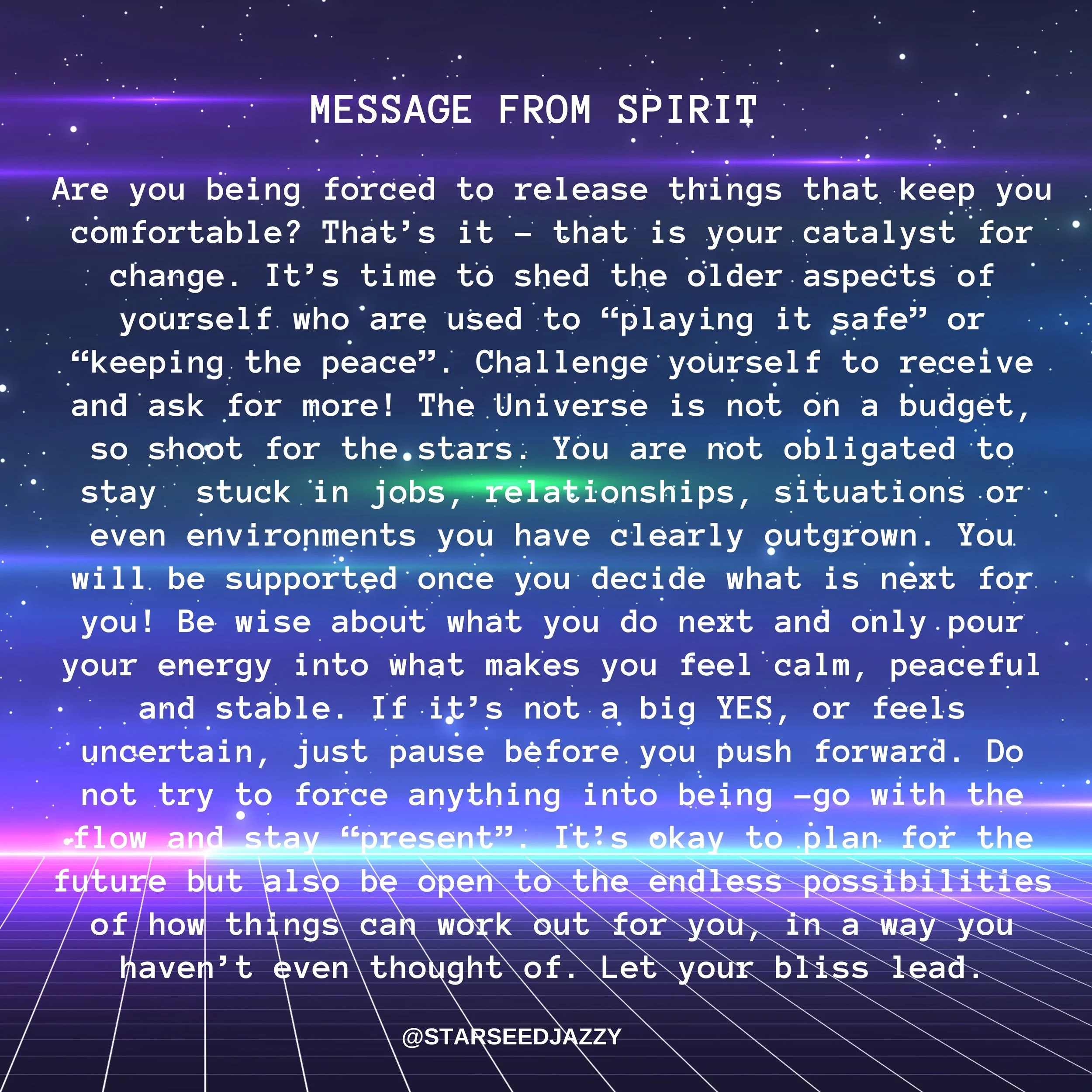 MESSAGE FROM SPIRIT
.
.
Are you being forced to release things that keep you comfortable? That&rsquo;s it - that is your catalyst for change. It&rsquo;s time to shed the older aspects of yourself who are used to &ldquo;playing it safe&rdquo; or &ldqu