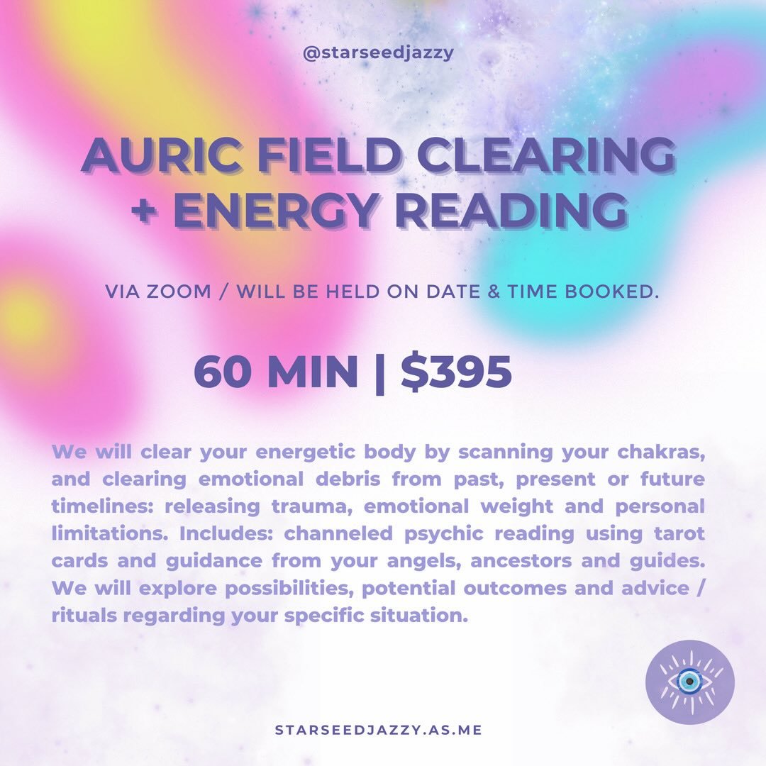 Are you ready to clear your emotions and tune up your chakras? Book this AURIC CLEANSE READING! Spots open next week. 
.
.
#auraclearing #energeticalignment #chakraalignment #starseedjazzy #ancestralhealing