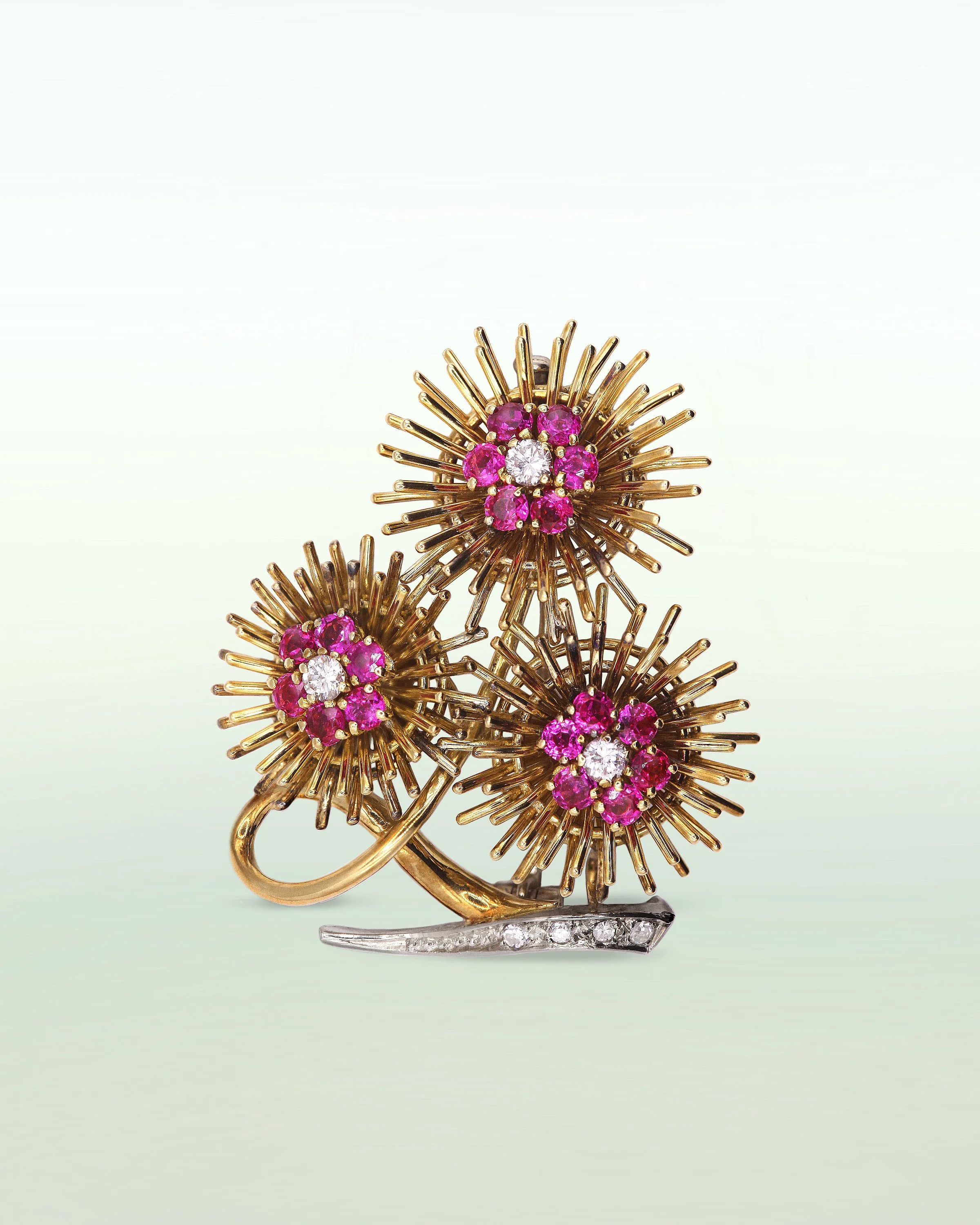 Radiant burmese unheated pink sapphires & Diamond Thistle Brooch