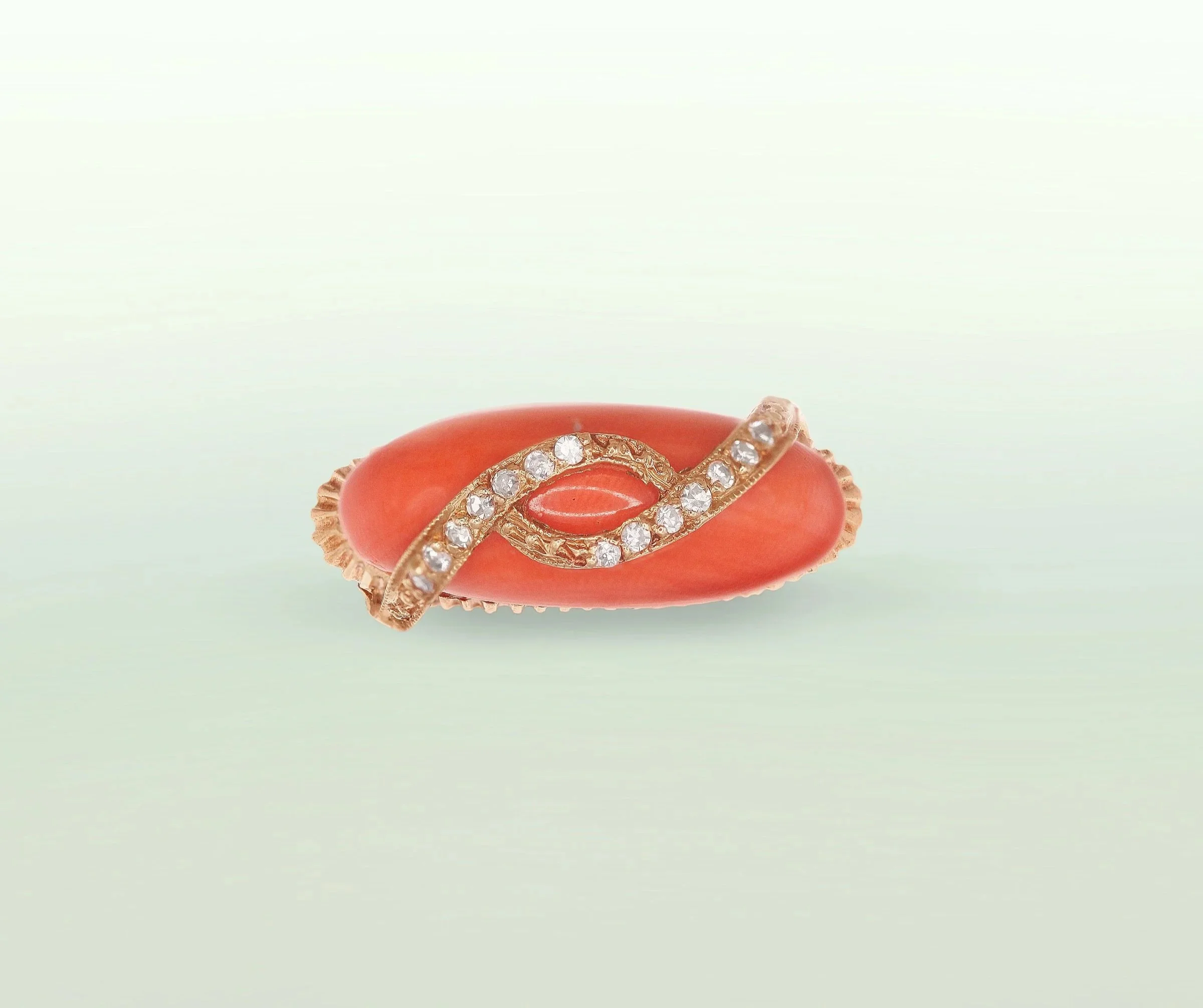Vintage Coral Cabochon and Diamond Ribbon Ring