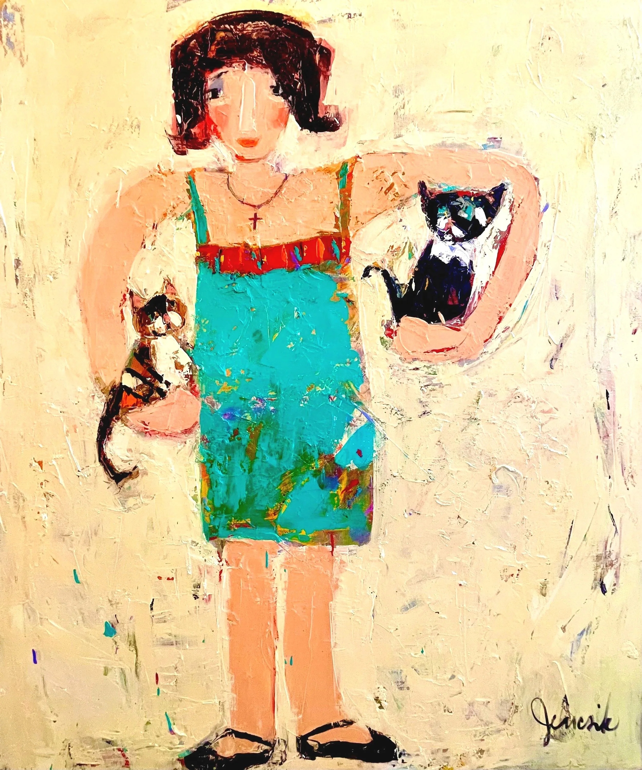 Figure with Two Cats   60x50