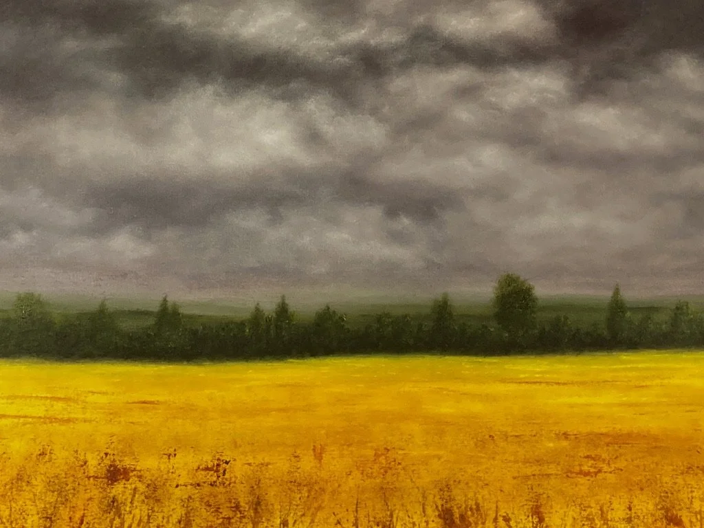 A landscape a yellow field in the foreground, a dark tree line, and a dark, moody sky.
