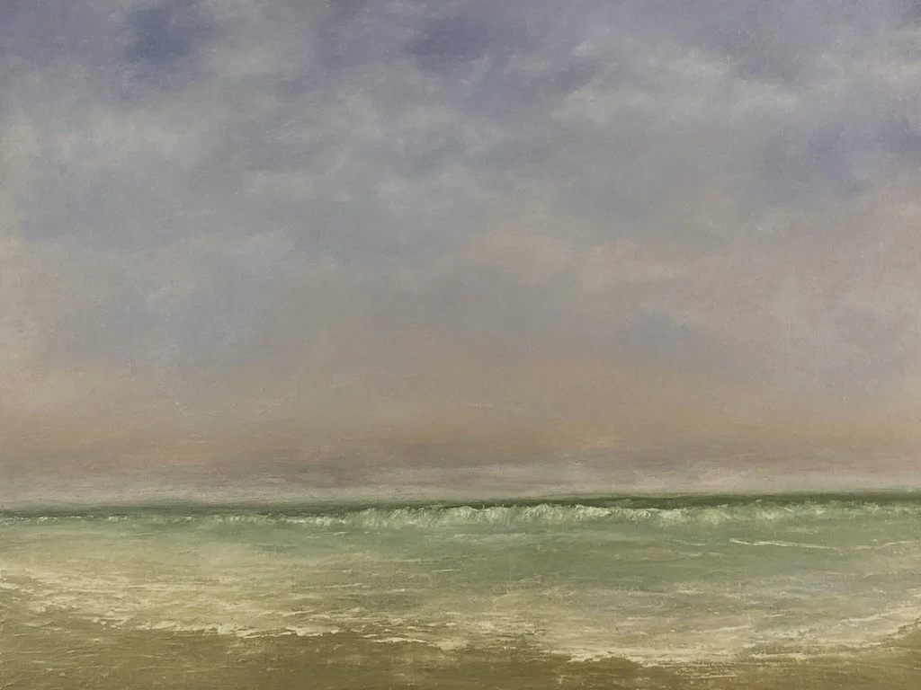 A painting of a calm waves and beach foam under a misty sky.
