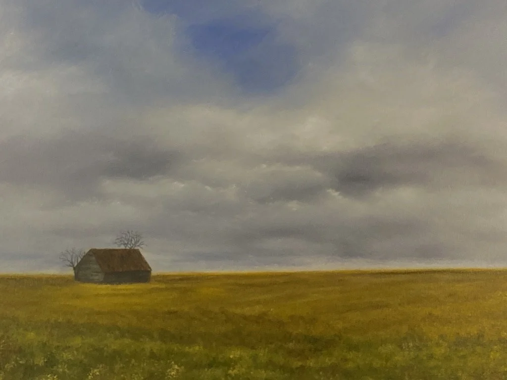 A rural landscape with a lone shed in a vast field under bright puffy clouds.