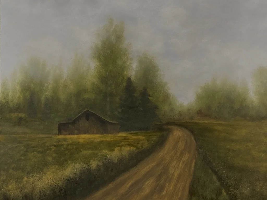 Painting of a rural landscape with a dirt road leading to a barn, surrounded by trees and greenery under a cloudy sky.