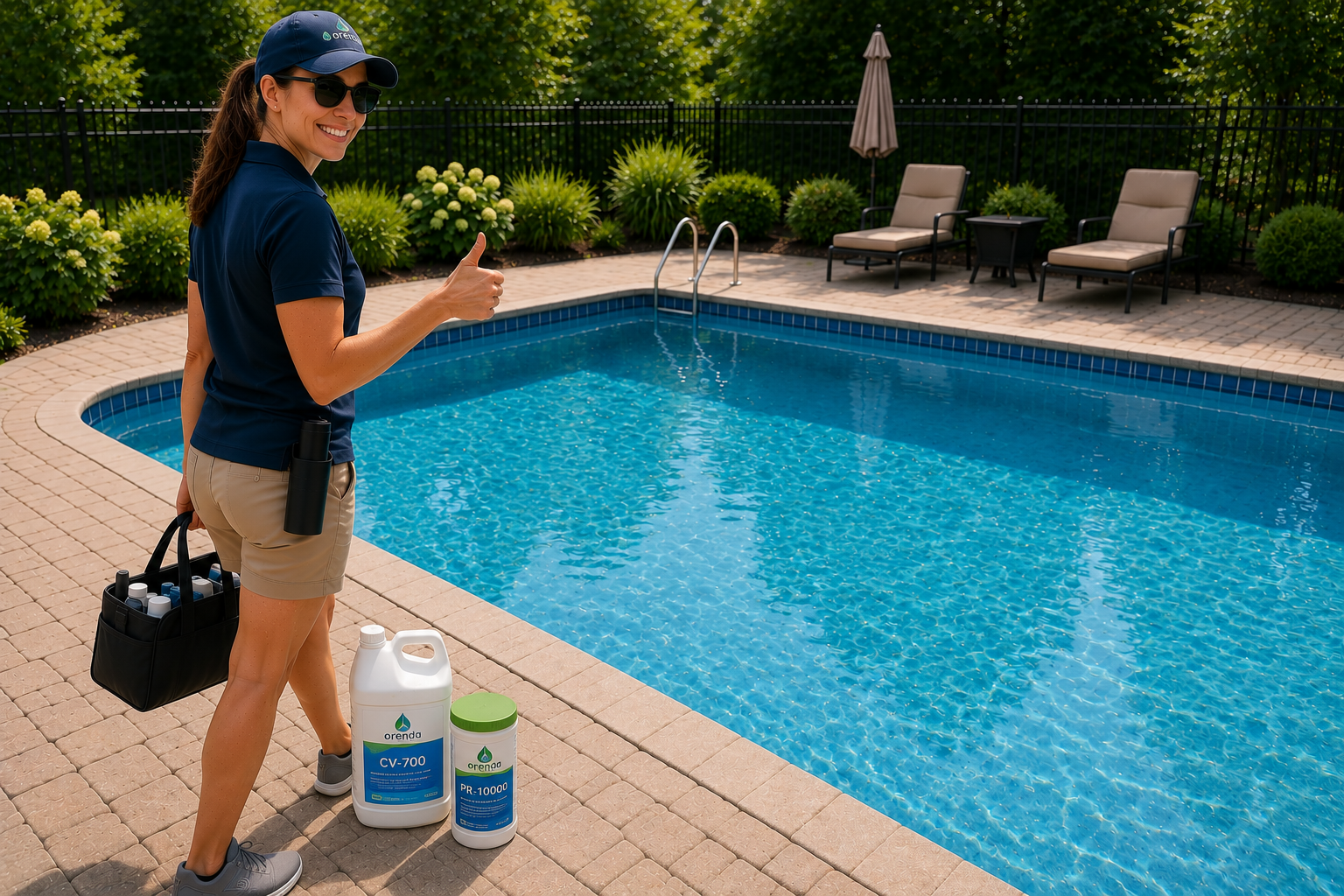 A woman in poolside attire, wearing sunglasses and a cap, standing next to a swimming pool with pool chemicals labeled "CV-700" and "PR-10000" on the ground, giving a thumbs-up.
