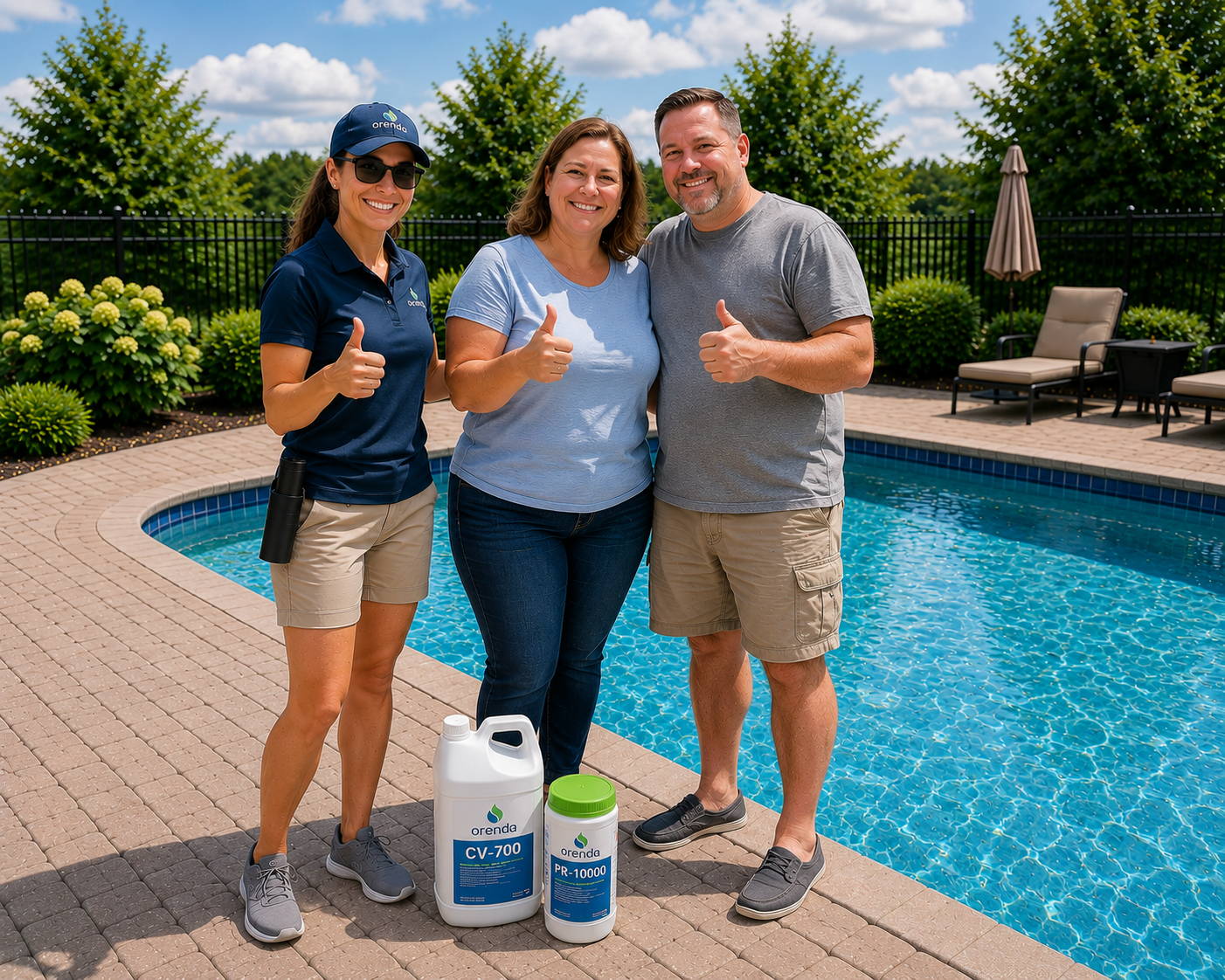 Three people standing by a swimming pool outdoors, smiling and giving thumbs up, with pool chemicals in front of them.
