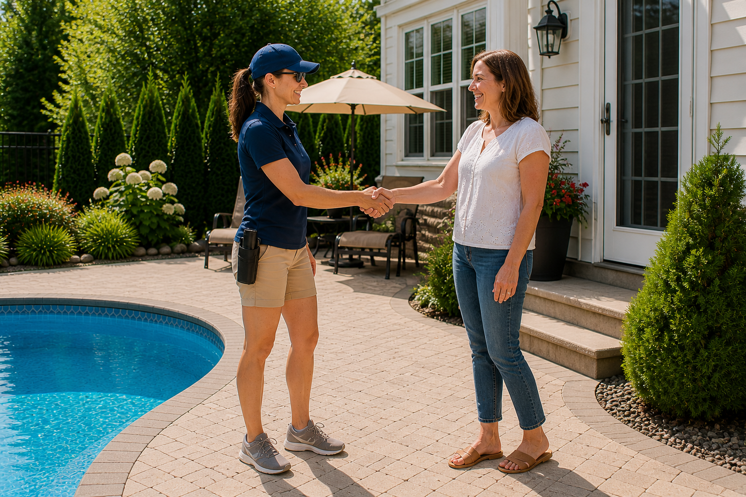 A woman in a navy polo shirt and tan shorts shaking hands with a woman in a white blouse and jeans outside by a swimming pool.